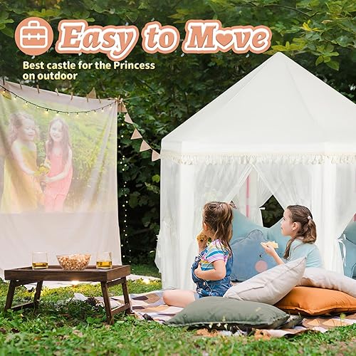 Vista 6 de Monobeach White Princess Tent Girls Tassel Decor Large Playhouse Kids Castle Play Tent with Star Lights Toy for Children Indoor and Outdoor