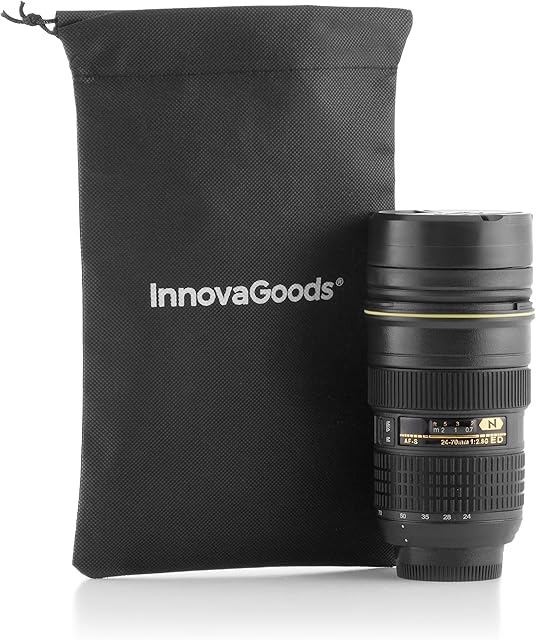 InnovaGoods - Kubek Termos w Kształcie Obiektywu Fotograficznego, Wielofunkcyjny, Odporny na Wycieki, ABS i Stal Nierdzewna, 400 ml, Czarny, Łatwy w Czyszczeniu, Z Torbą