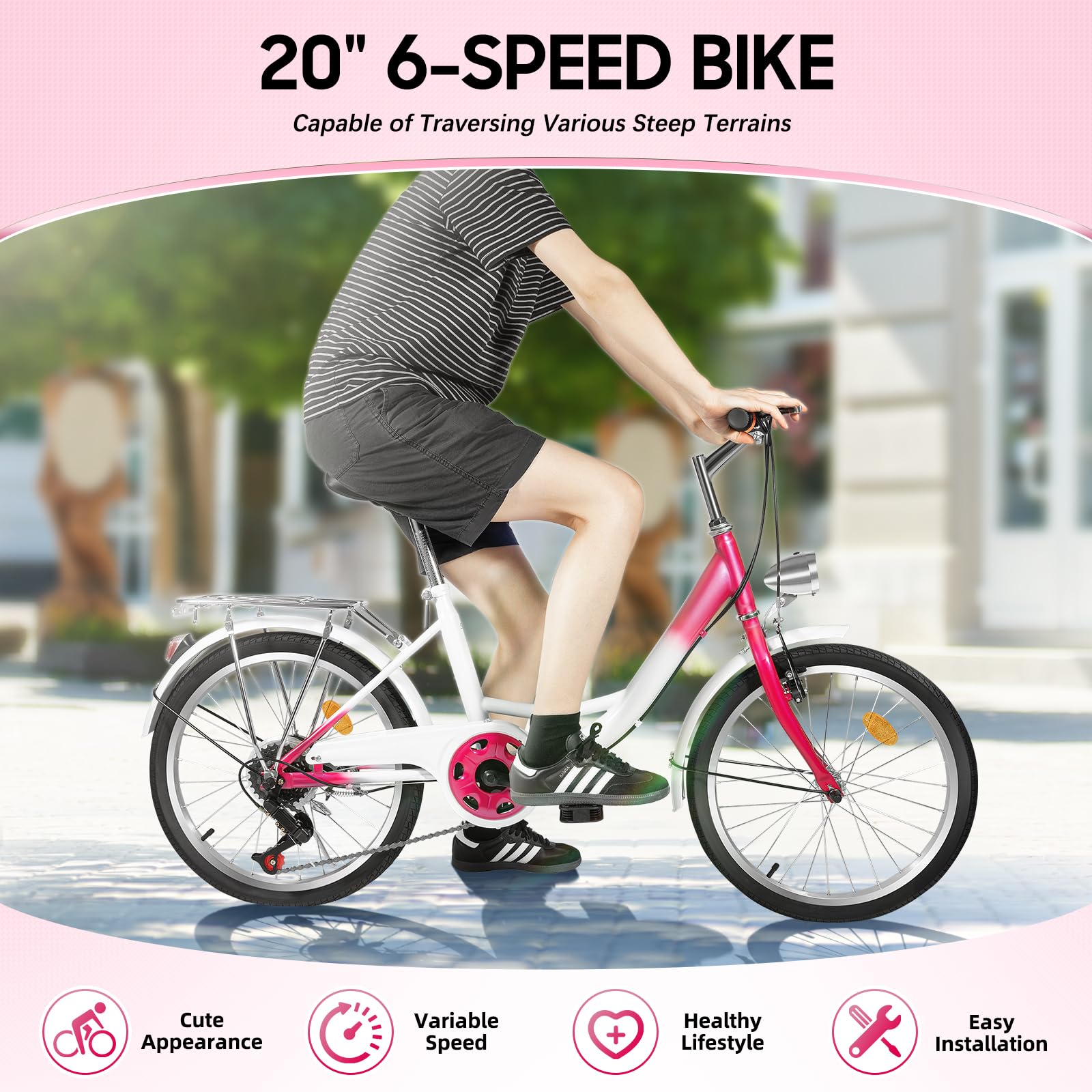 Vélo de ville 20 pouces, capacité de charge 90 kg, 6 vitesses, cadre en acier avec éclairage LED et porte-bagages pour la ville, la plage, l'utilisation quotidienne
