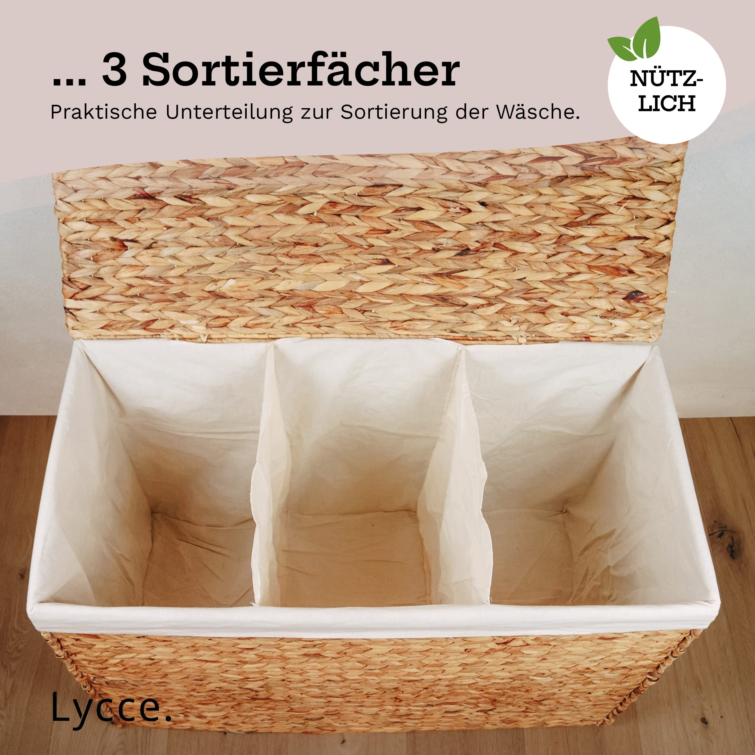 Lycce Wäschekorb 3 Fächer 150L Wäschesortierer, natur 80 x 40 x 50 cm