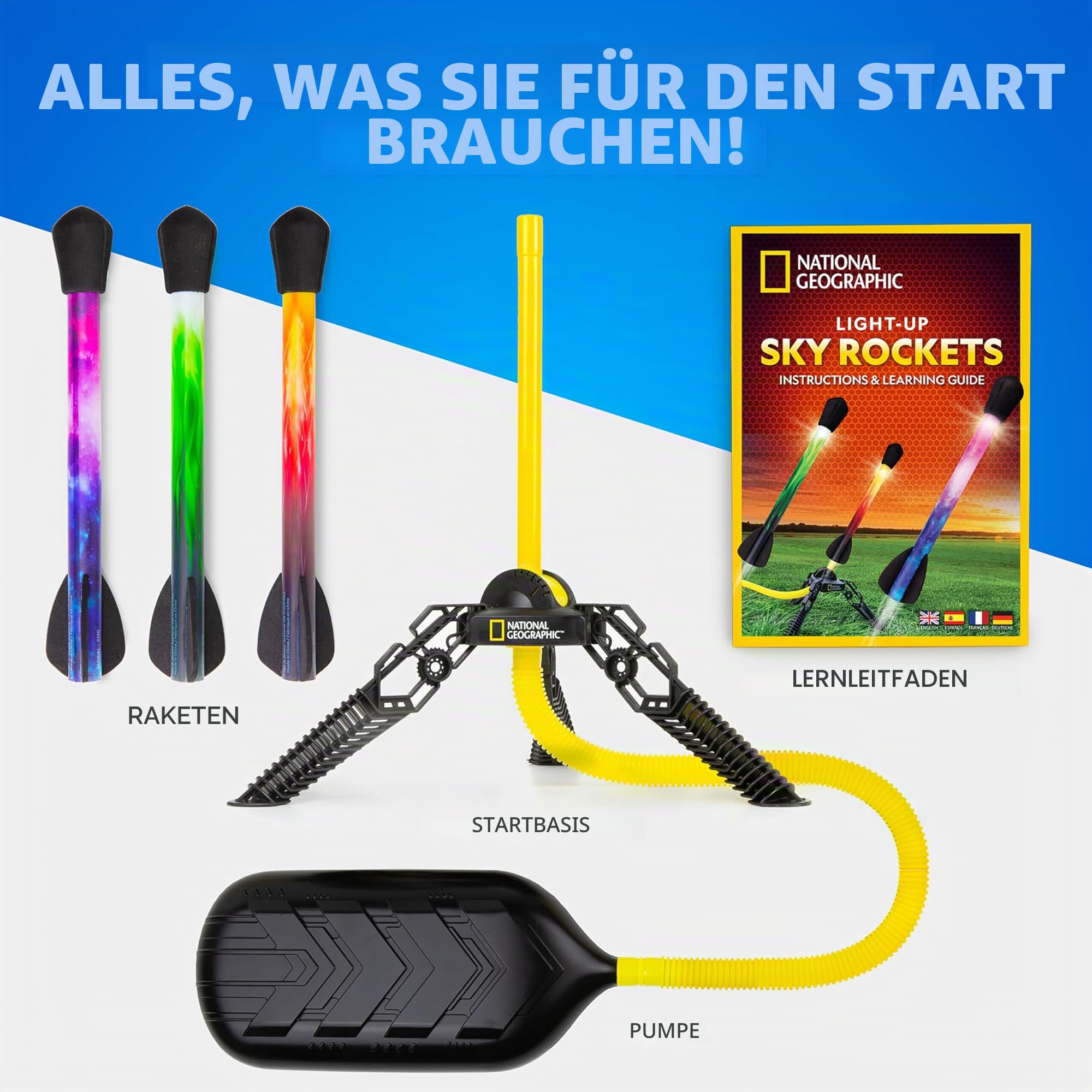 NATIONAL GEOGRAPHIC Spielzeugrakete - LED-Raketenwerfer für Kinder, draufspringen und los geht’s, luftbetrieben, Schaumstoff-Raketen fliegen bis zu 30,5 Meter, tolles Kinderspielzeug für draußen