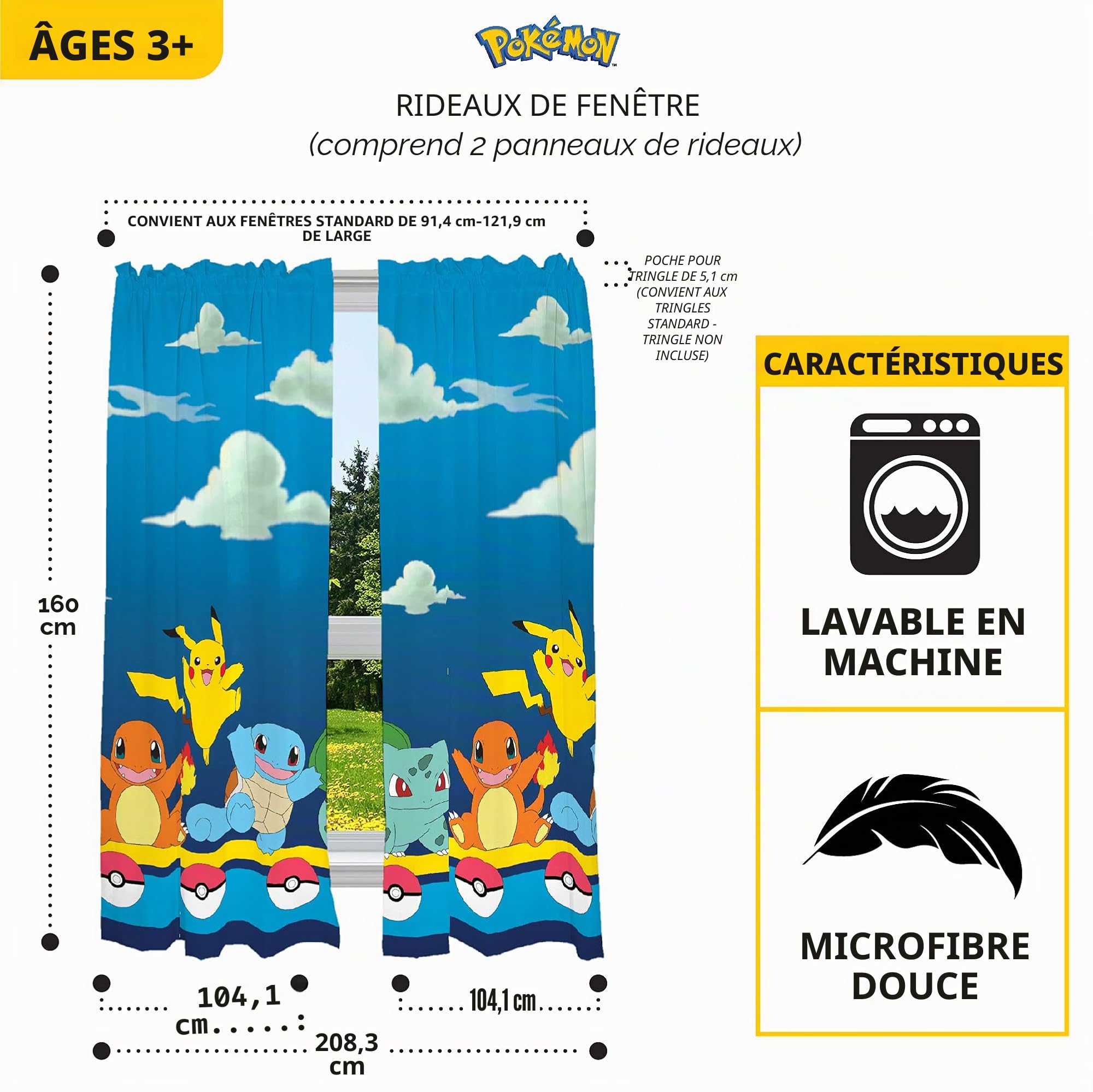 Franco Rideaux de fenêtre pour Chambre d'enfant, 208,3 x 160 cm, Motif Pokémon, Multicolore
