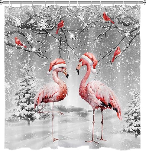 Miniatura 4 de EOBTAIN Cortina de ducha de invierno de Navidad para baño, escena de invierno, copo de nieve, flamenco rosa y cardenal sobre árbol de pino, cortina