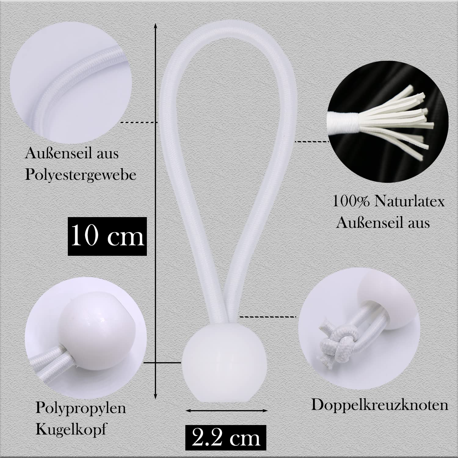 BIYIT Gumki napinające z kulką, napinacze do plandek, gumy, pętle do namiotu, banerów, 10 cm, białe, 25 szt