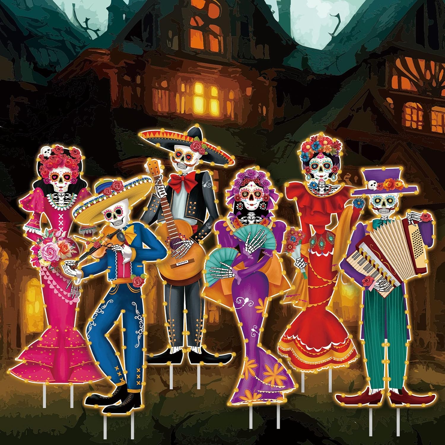 Tioncy 6 Pcs Day of The Dead Yard Decorations Outdoor Dia De Los Muertos Outside Yard Signs with Stakes String Lights Halloween Sugar Skull Couple Skeleton Decor for Mexican Fiesta Party Lawn Garden