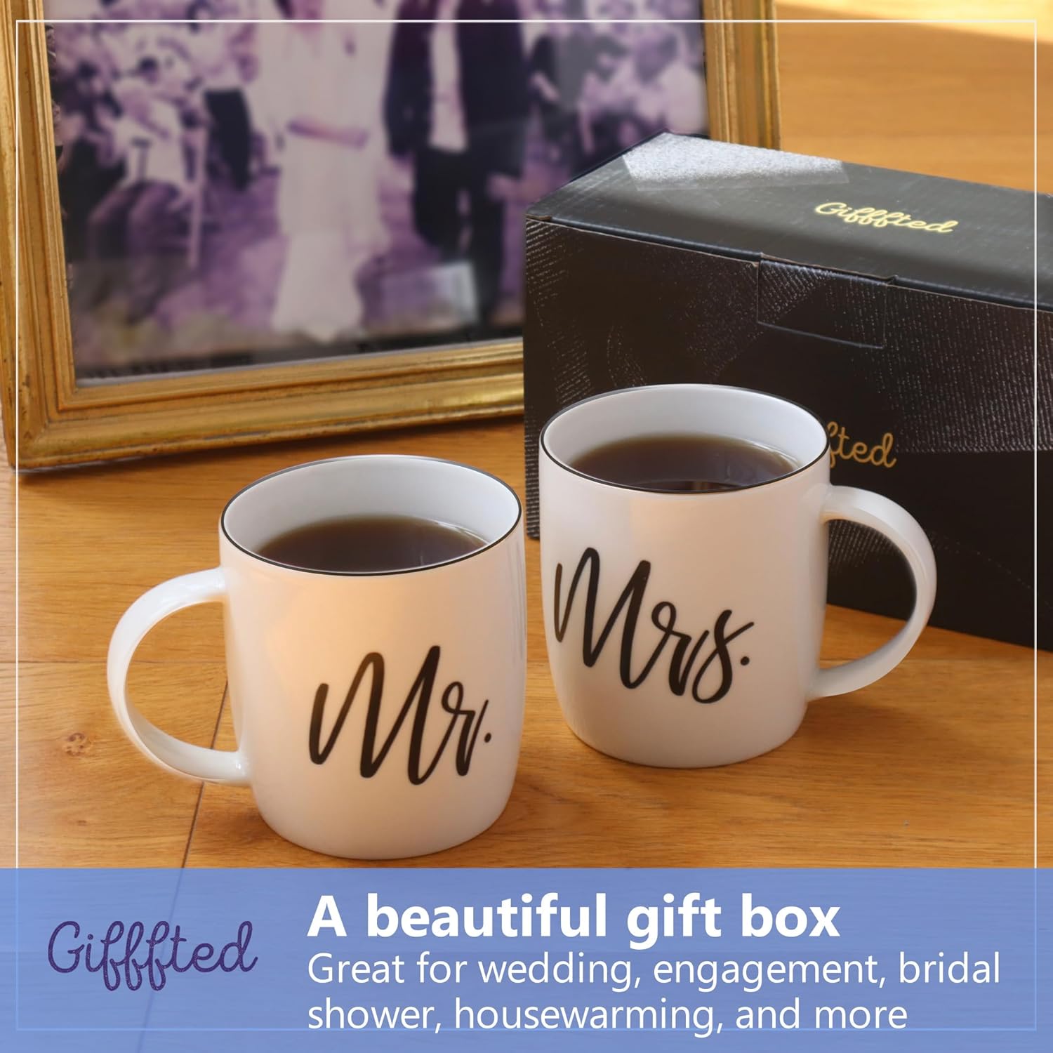 Triple Gifffted Mr and Mrs Coffee Mugs Couples Gifts Ideas for Christmas Wedding Anniversary Engagement Valentines,his Hers Present,husband Wife,him Her,men Women,bride Groom,newlyweds,ceramic 380ml - Image 5