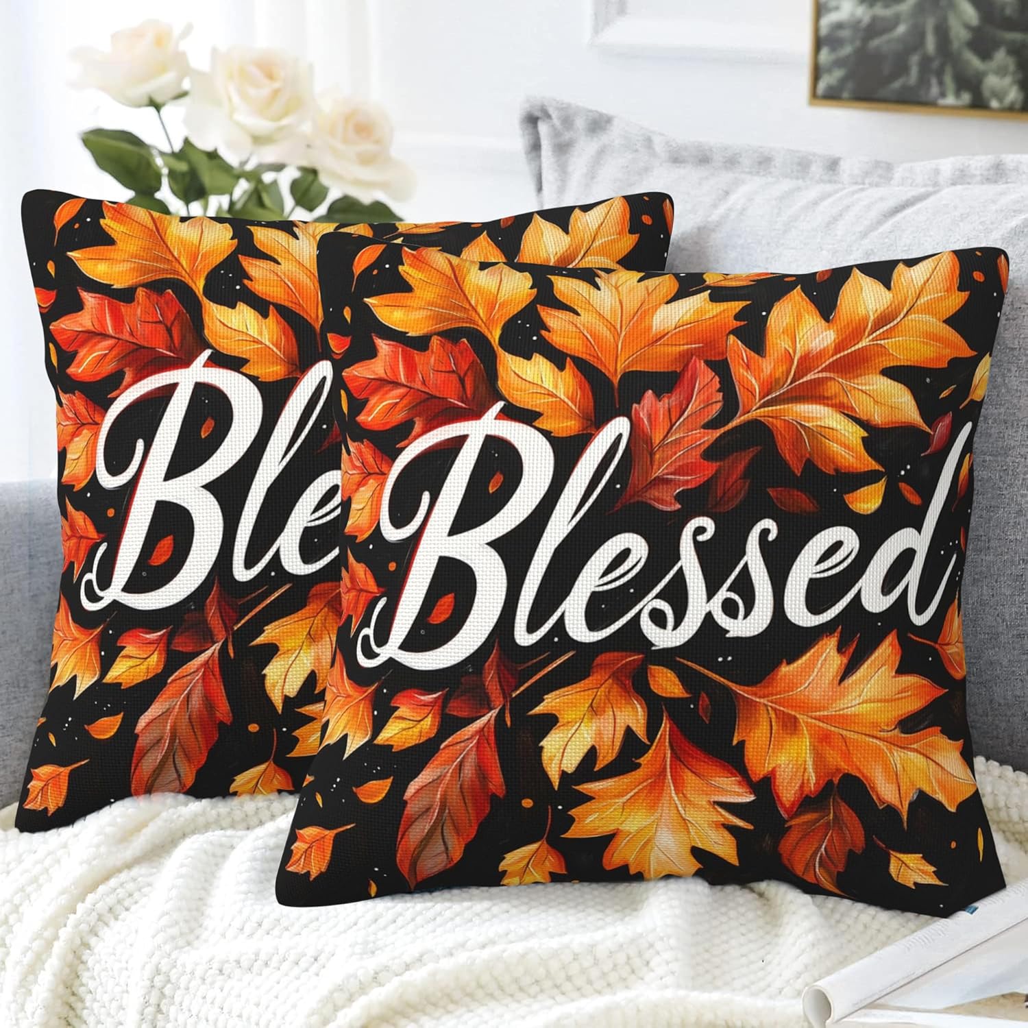 Blessed Throw Pillow Cover Case Autumn Leaves Throw Pillows Set of 2 Super Soft Pillow Covers 18x18 Inches Farmhouse Home Decor for Living Room Bedroom Sofa Couch Cushion Cover - Image 4