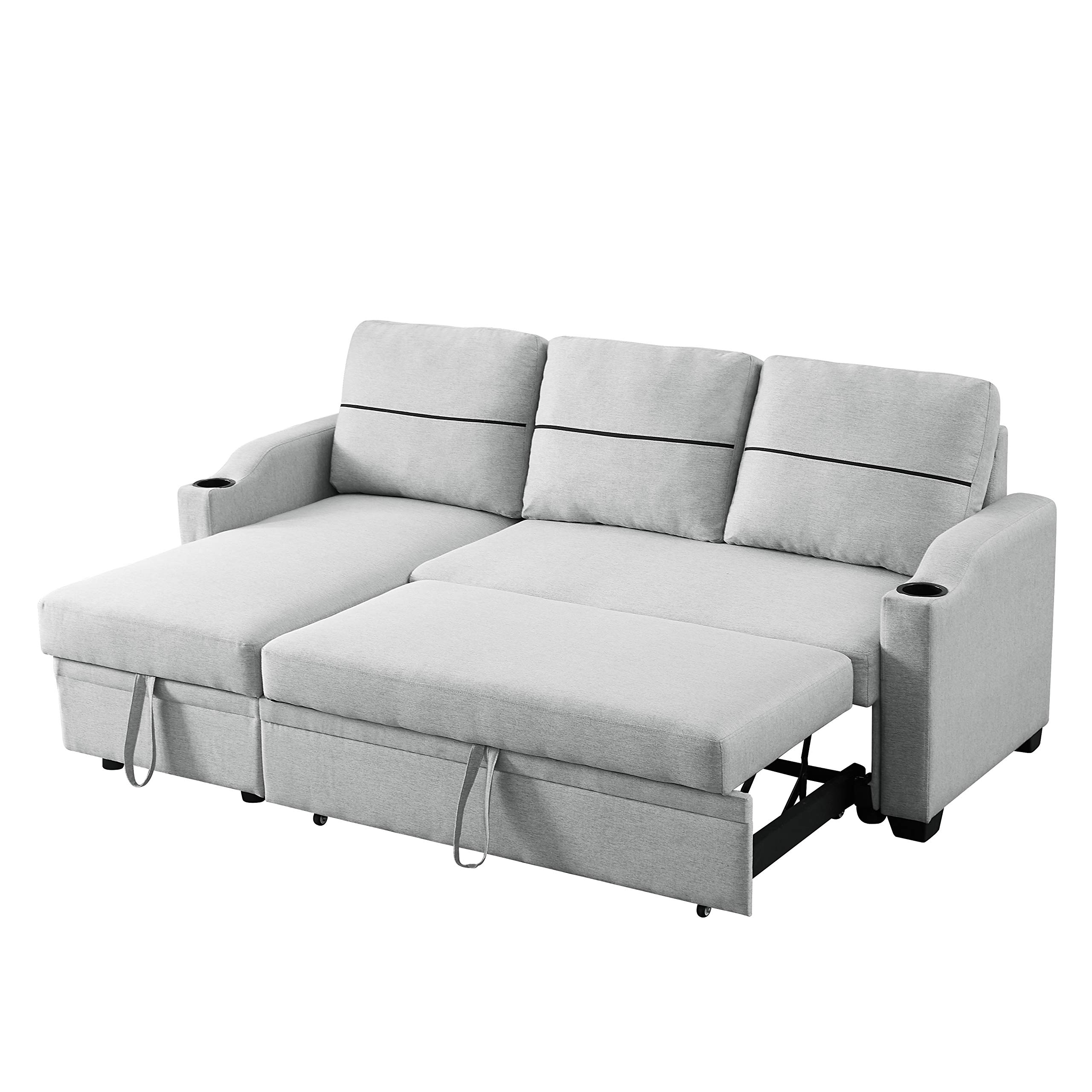 ((Incomplete box)) Eafurn Convertible Sectional Sleeper Pull Out Bed, 3-Seater L-Shaped Storage Chaise and 2 Cup Holders, Linen Fabric Upholstered Corner Sofa & Couches for Living Room, Gray 81"