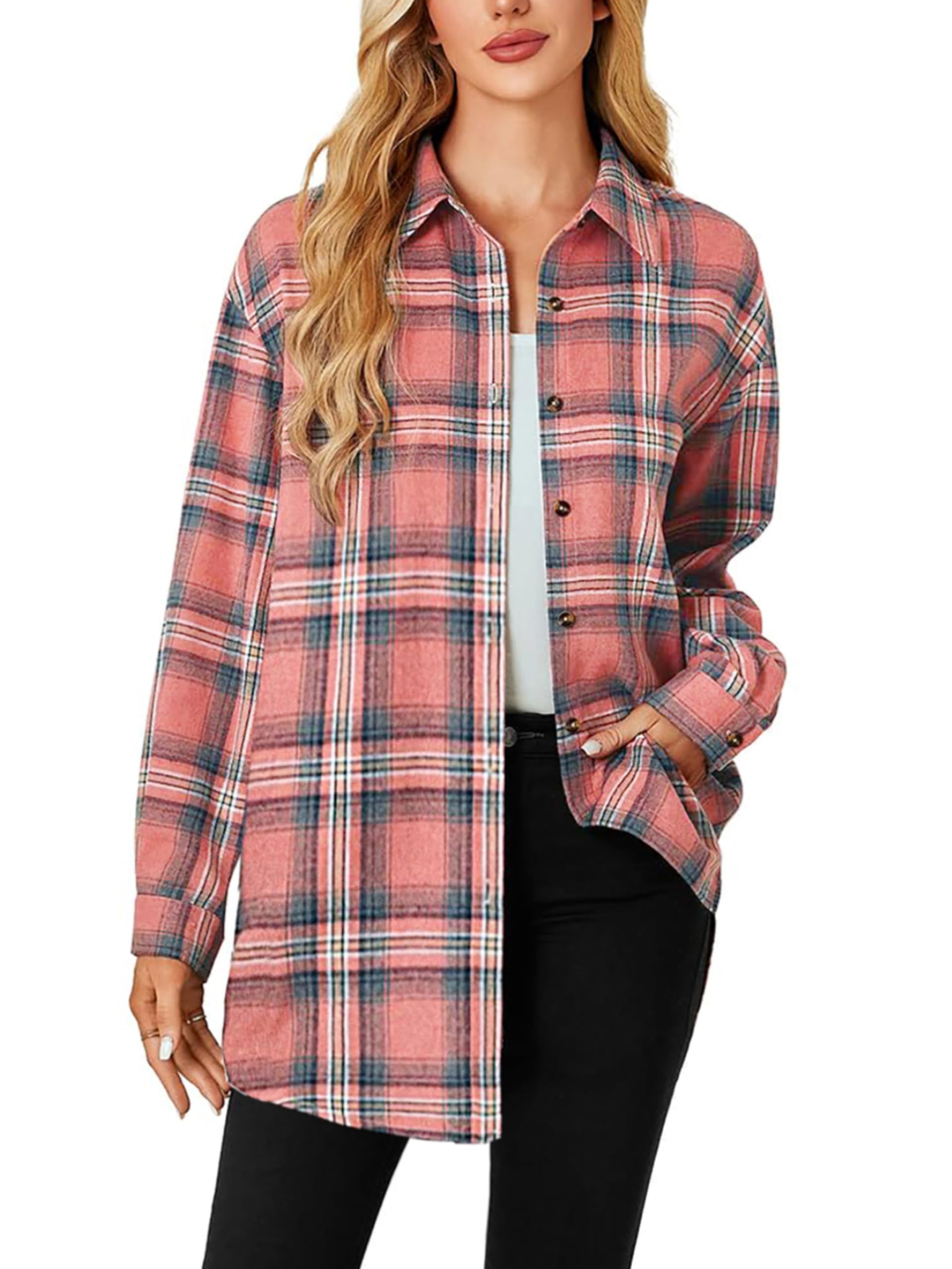 Jhsnjnr Damska flanelowa bluzka w kratkę, listwa guzikowa, dekolt w serek, długa koszulka oversize, koszula w kratkę, koszulka z długim rękawem