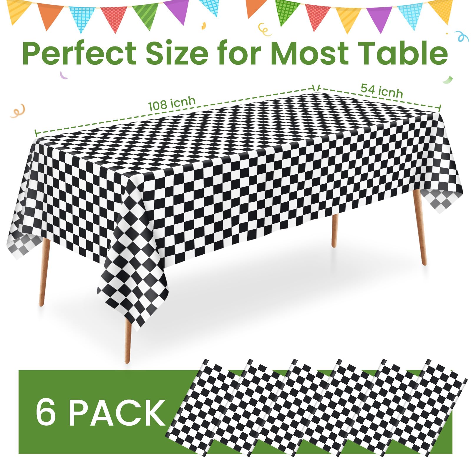 Paquete de 6 manteles a cuadros en blanco y negro, manteles de plástico para fiestas, desechables, 54 x 108 pulgadas, mantel impermeable con bandera a cuadros negros para cumpleaños, fiestas,