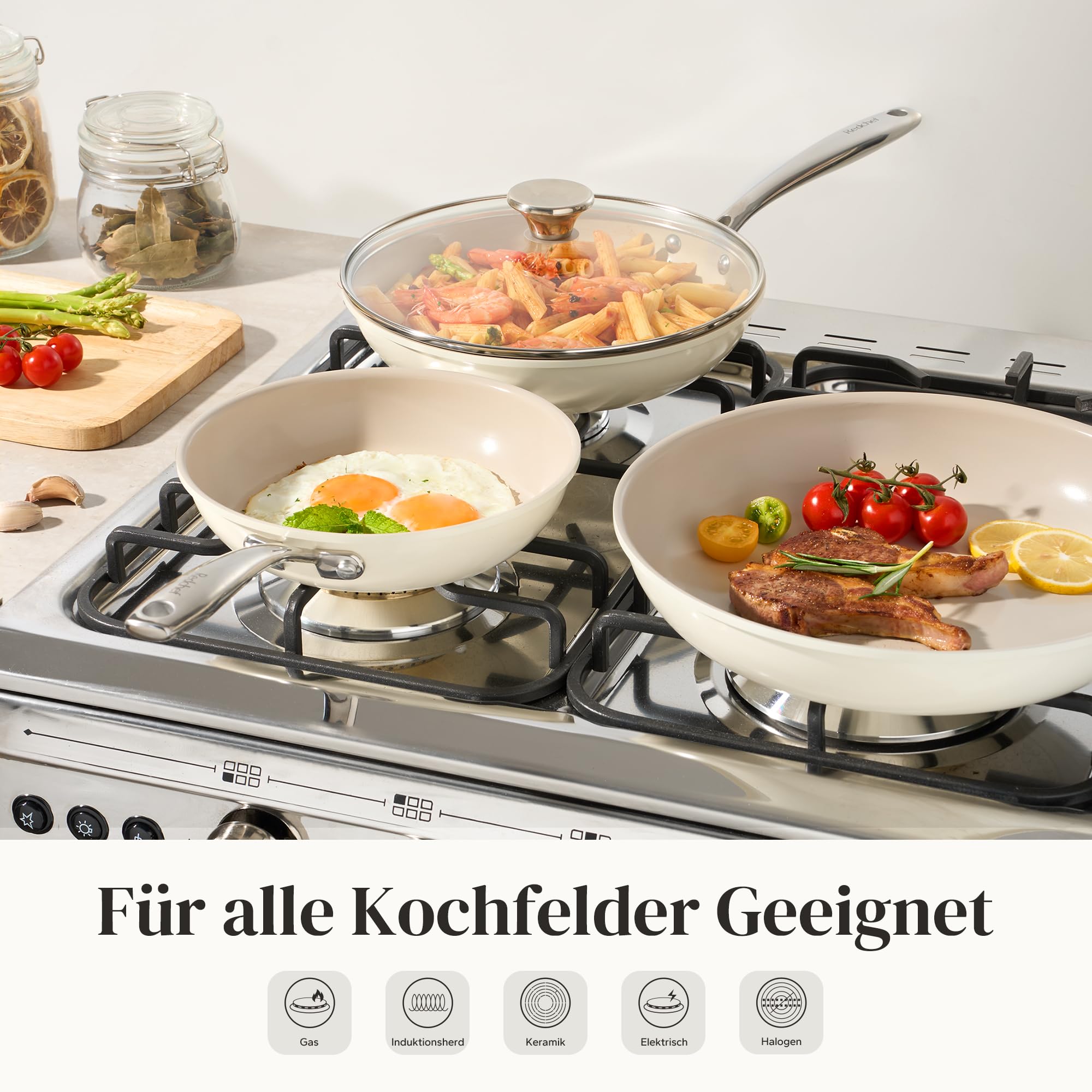 Redchef 6-częściowy zestaw patelni ceramicznych, do kuchenek indukcyjnych, nieprzywierające, 20, 24, 28 cm, z pokrywką, do wszystkich rodzajów kuchenek, uchwyt ze stali nierdzewnej, nie zawiera PTFE