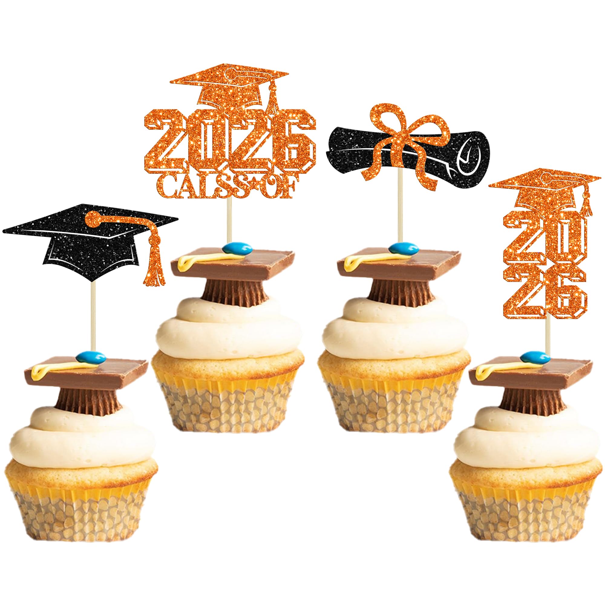 Gyufise 36Pcs 2026 Graduation Theme Cupcake Toppers Glitter Class of 2026 Diploma Grad Cap Cupcake Picks 2026 Graduation Theme Party Cake Decorations Supplies Orange
