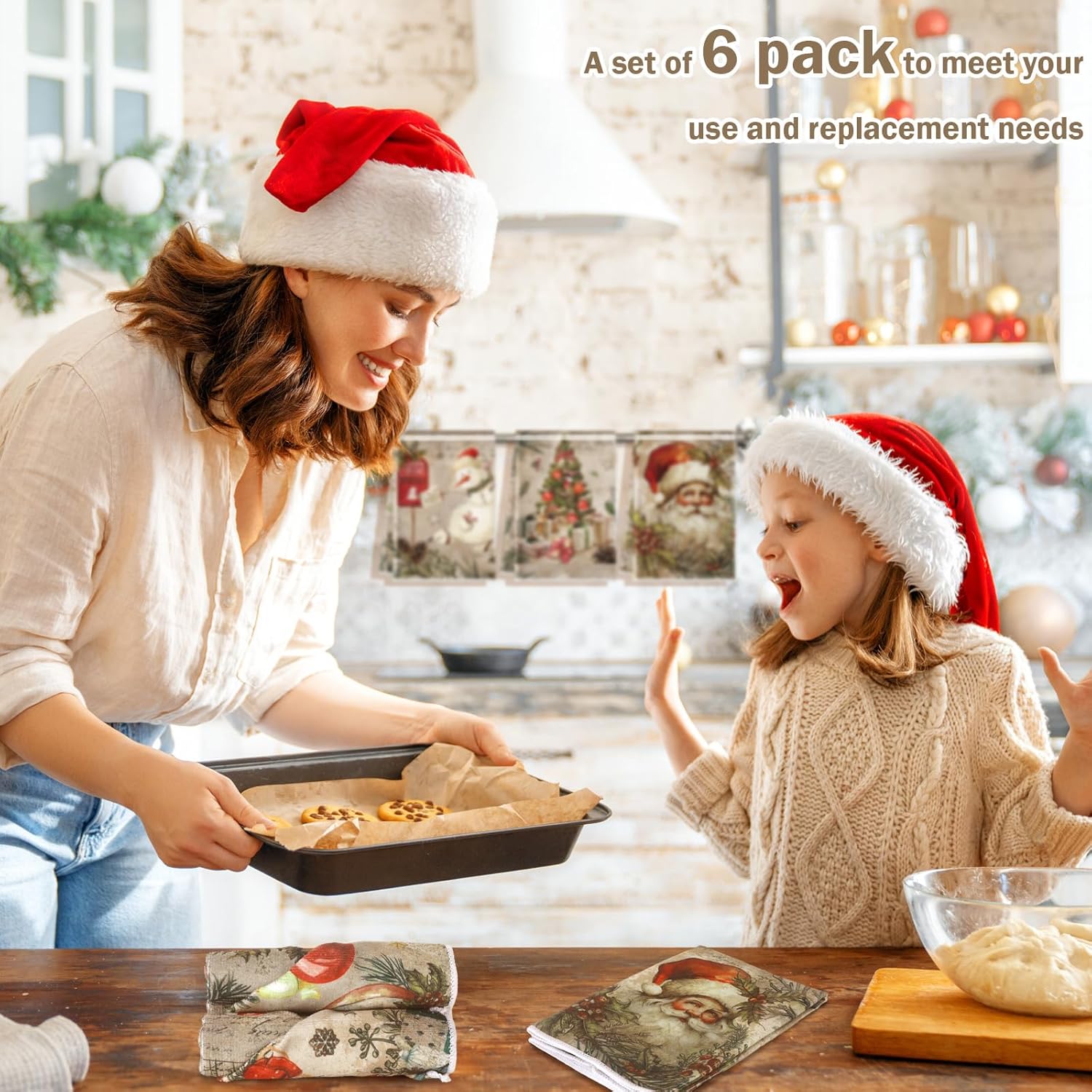 Hosuly 6 Pcs Christmas Kitchen Towels Vintage Santa Dish Cloth Christmas Farmhouse Tea Towels Santa Snowman Sock Ball Xmas Tree Hand Dishcloth Rustic Housewarming Gifts for Kitchen Holiday Cooking - Image 6