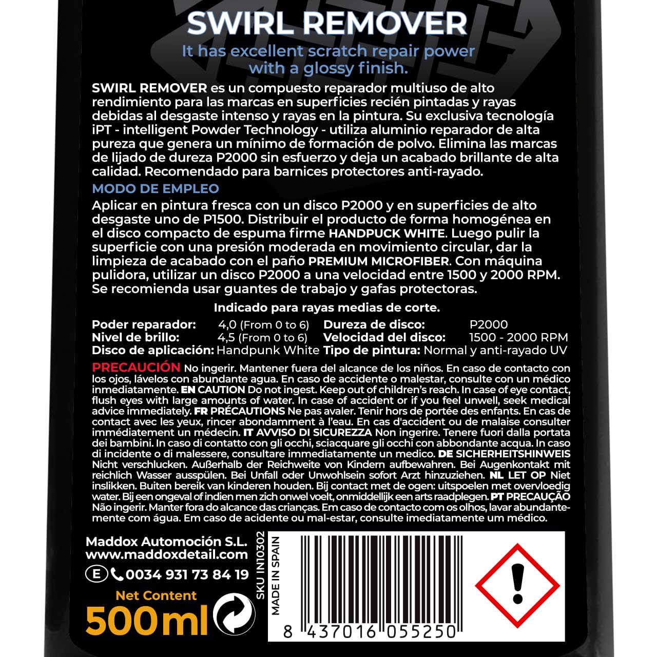 Maddox Detail - Swirl Remover 500ml | Lucidante per Auto ad Alte Prestazioni | Rimuove Graffi e Segni di Lavaggio | Rinnova la Vernice | Lucidante per Auto Graffi per la Pulizia dell'Auto