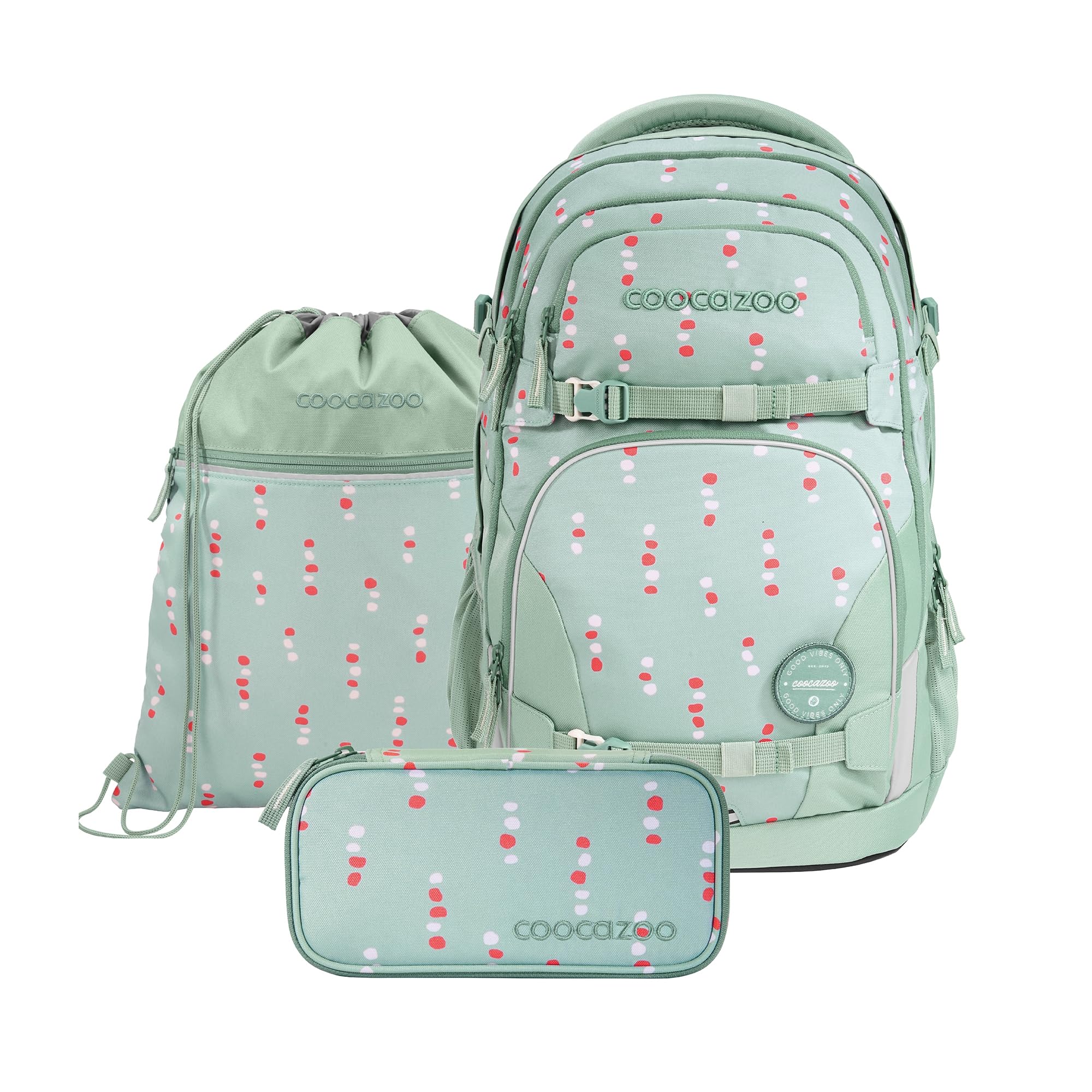 coocazoo Schulrucksack-Set Porter „Dancing Dots, Mint, 3-teilig | ergonomischer 35L Tornister, mit Brust- und Hüftgurt, für Kinder ab der 5. Klasse, inkl. Schlampermäppchen und Turnbeutel
