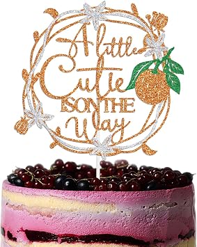A Little Cutie is on the Way Cake Topper, Summer Fruit Cutie Baby Shower Decorations, Citrus Fruit Orange Welcome Baby Party Decorations Orange & Green Glitter