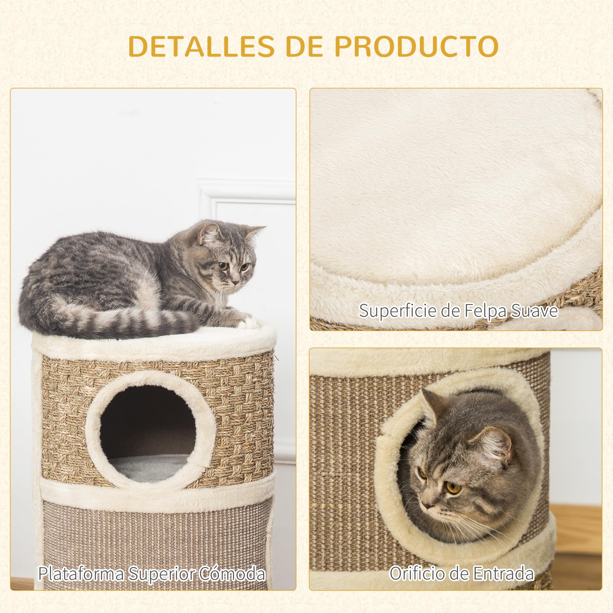 PawHut Barril Rascador para Gatos de 3 Niveles, Altura 70 cm, Torre para Gatos con Cama, Cubierto de Sisal, Árbol Rascador, Ø37,5x70 cm, Caqui y Café