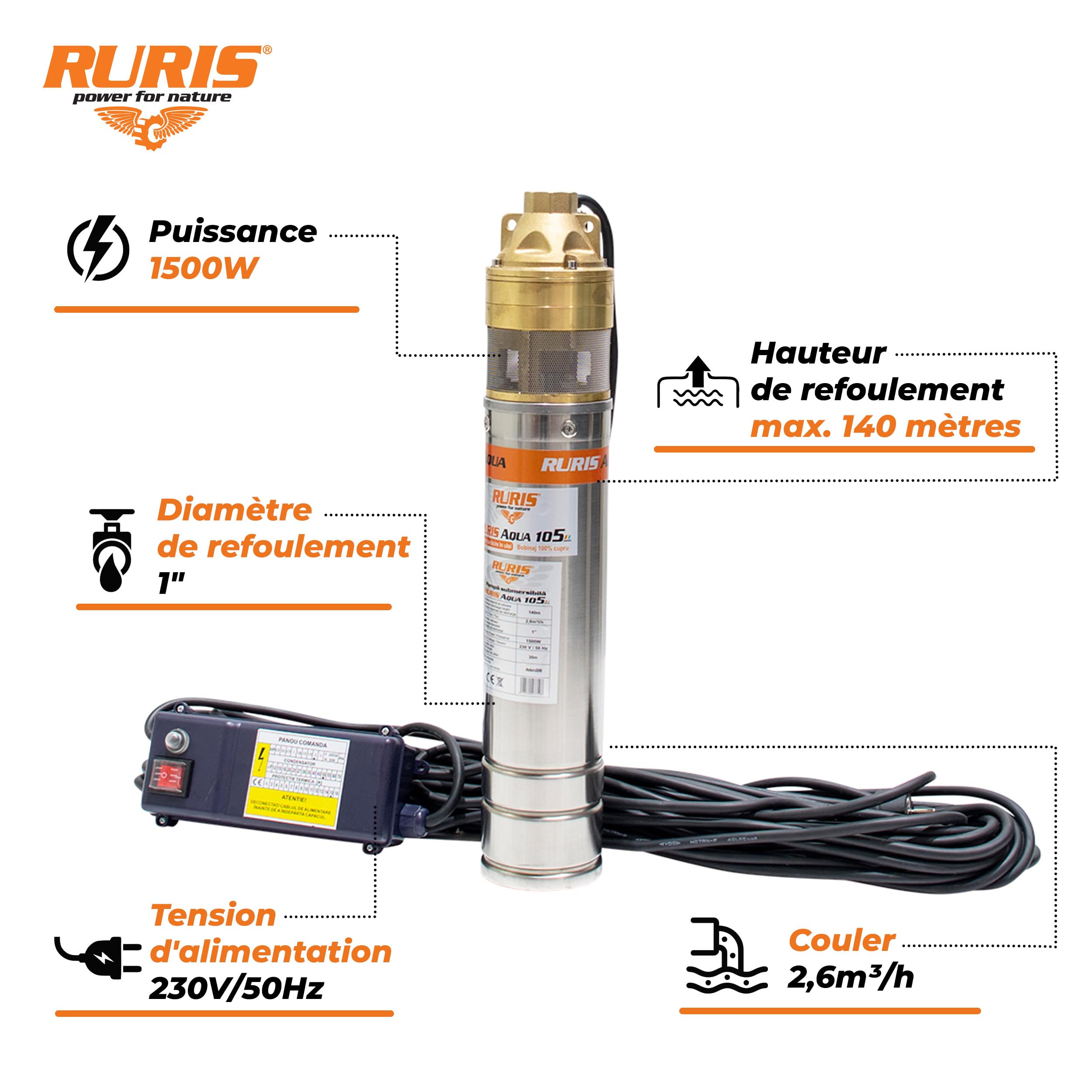RURIS Bomba sumergible aqua 105, 1500W, 1", 2600 l/h, max 140 m, cable de 30 m con panel de control