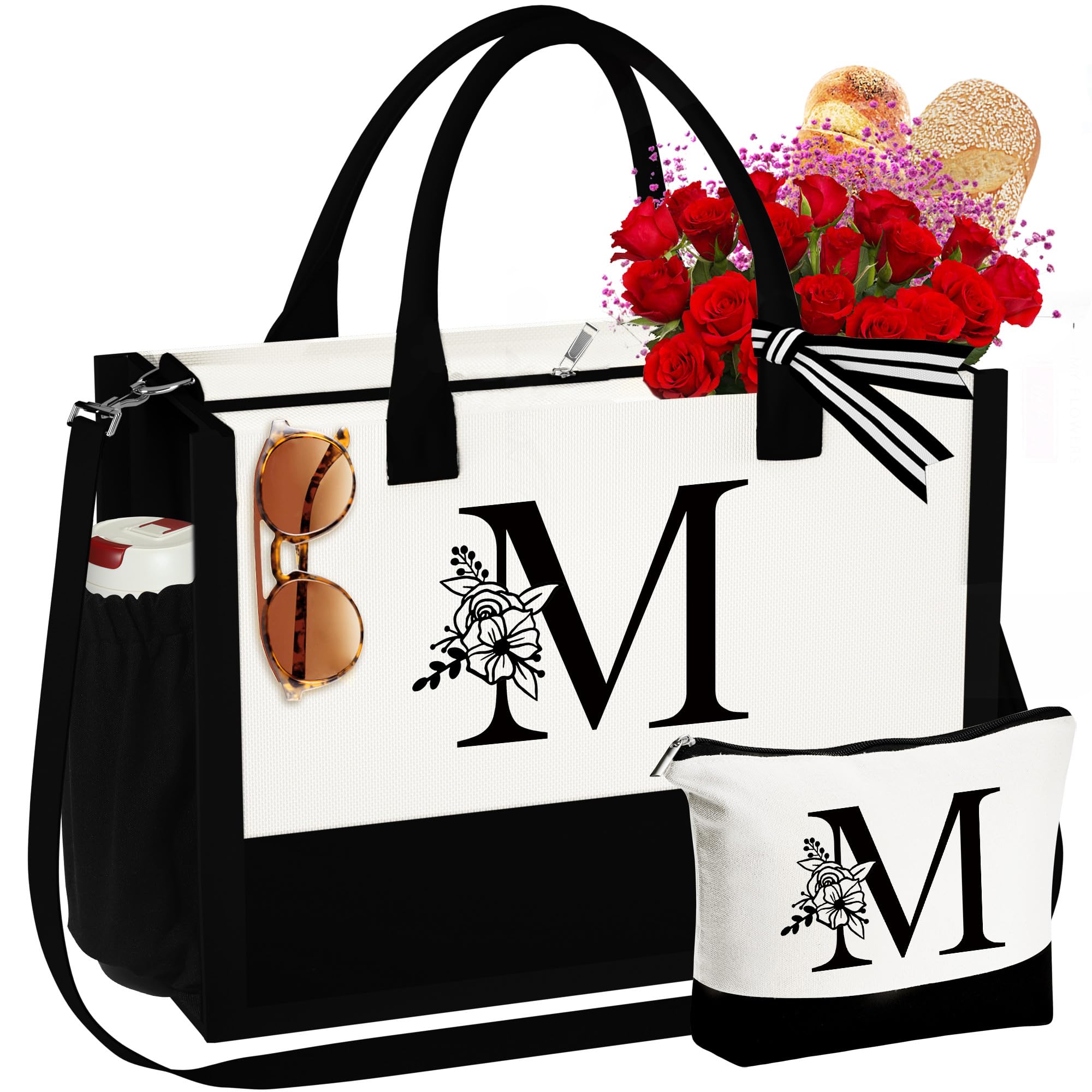 YOOLIFE Initial Canvas Tote Bag Makeup Bag Beach Bag with Zipper Pockets Adjustable Strap Personalized Birthday Gifts for Her