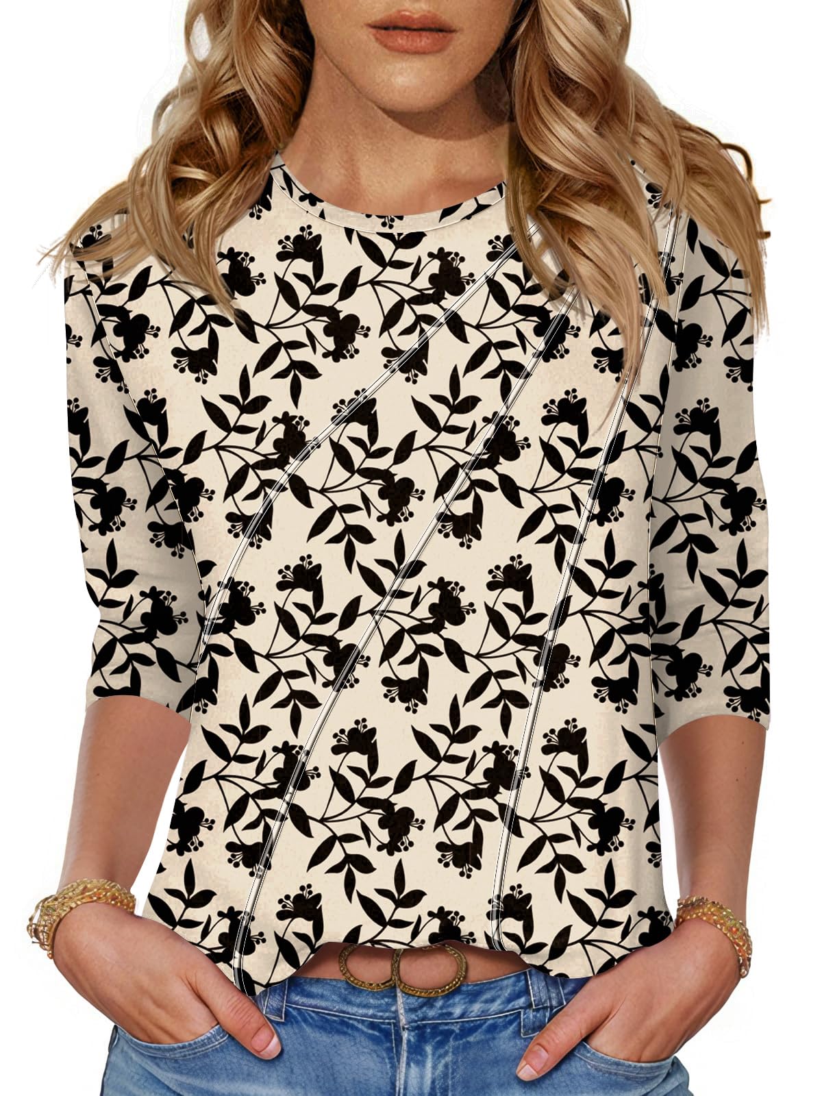 Kistore 3/4 Length Sleeve Shirts for Womens Pleated Summer Tops 2025 Fasion Trendy Spring Blouses — view 14