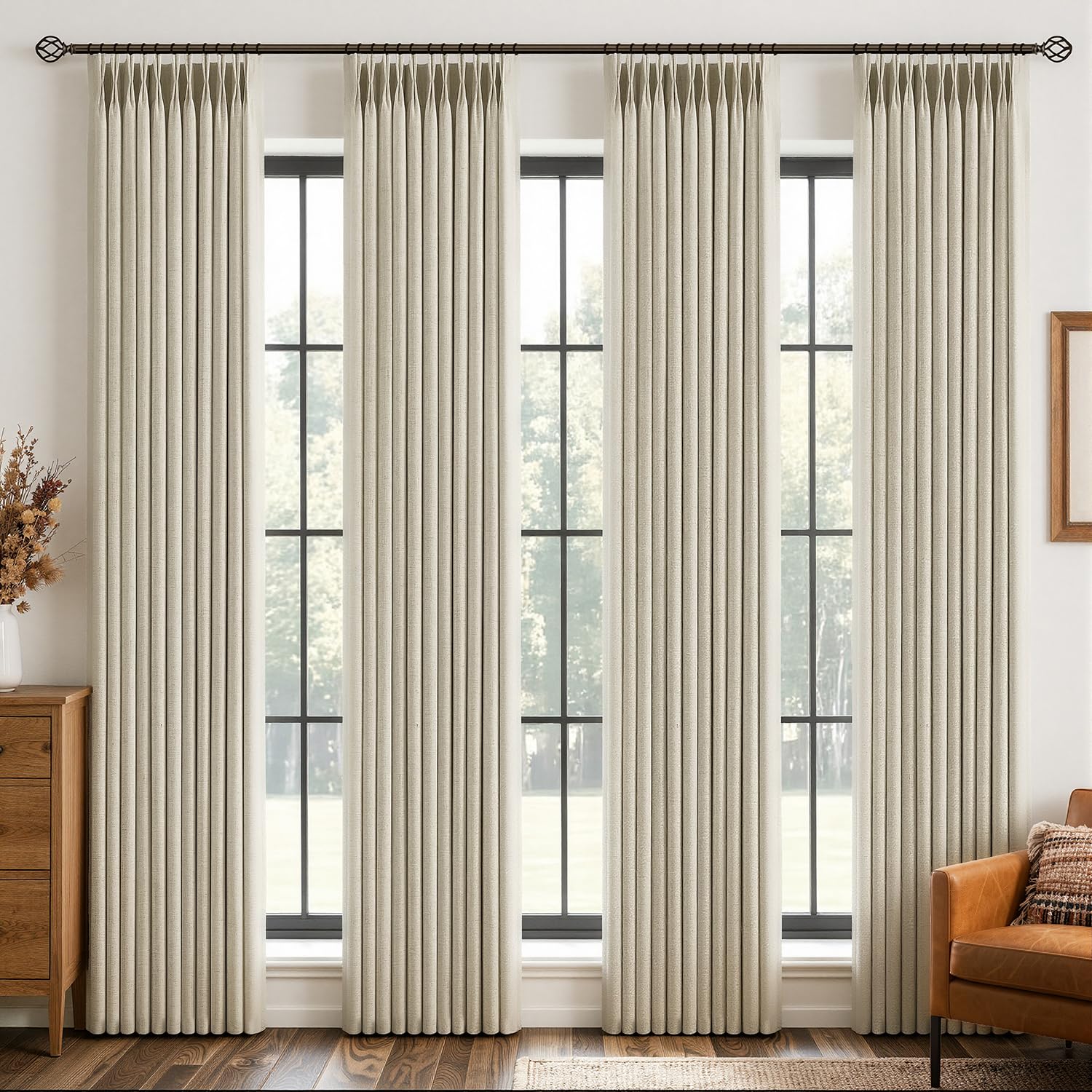 MIULEE 4 Panels Pinch Pleated 100% Blackout Linen Curtains 40"x84" Natural