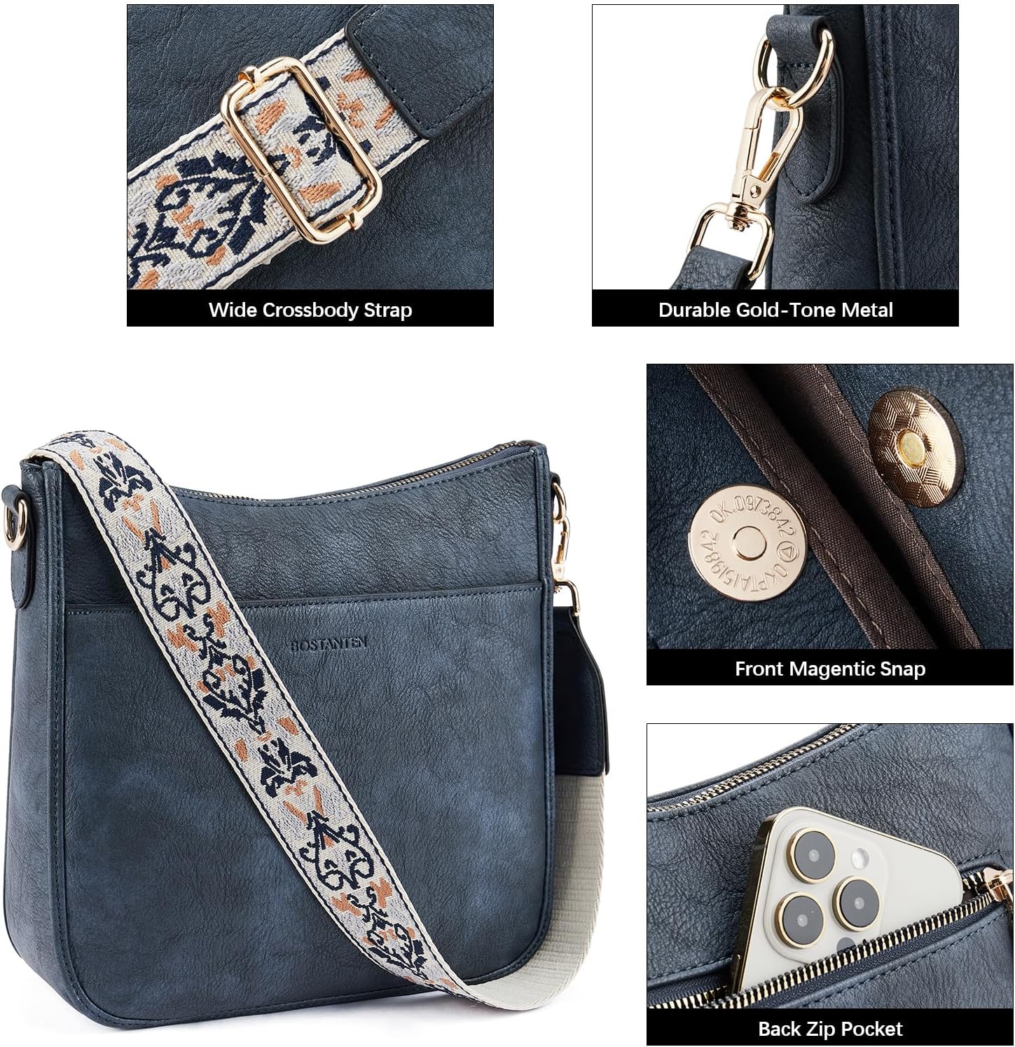 BOSTANTEN Crossbody Bags for Women Trendy Vegan Leather Hobo Purses Shoulder Handbags Wide Shoulder Strap - Image 5