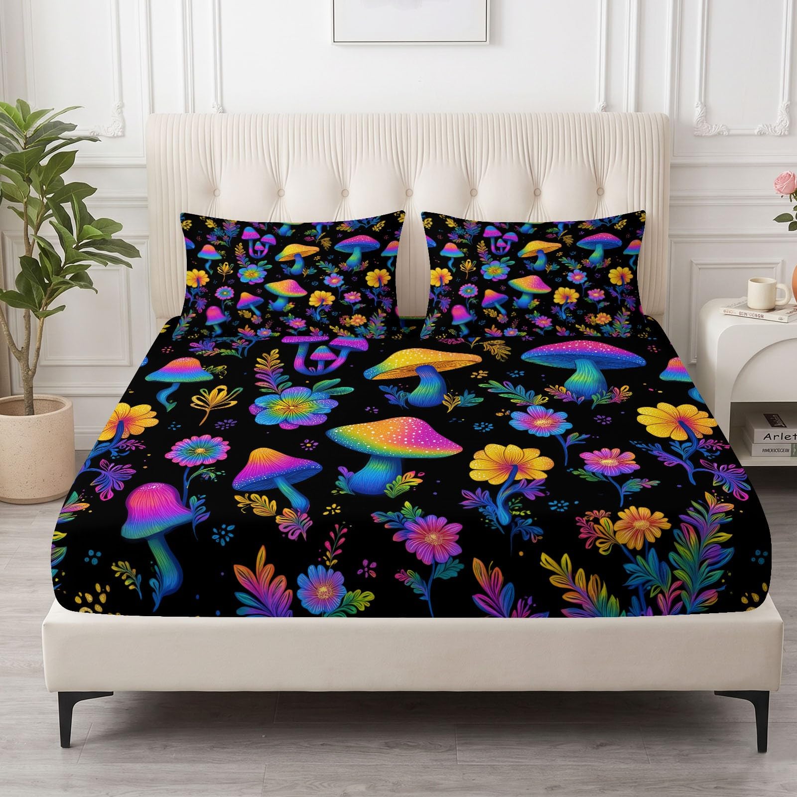 Mädchen Spannbetttuch 180 x 200 cm Grün - Pilze Blumen Spannbettlaken - Fantasy Bunt Dekorativ Bettlaken Weich & Bügelfrei Atmungsaktiv Mikrofaser Hypoallergen für Boxspringbett