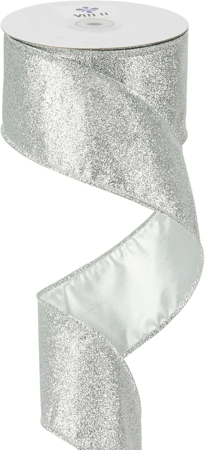 MEEDEE Silver Glitter Ribbon Silver Wired Ribbon 2.5 Inch