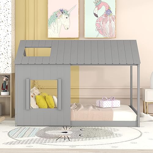 VilroCaz Playhouse Design Montessori - Cama de piso de tamaño individual, cama de madera para niños, tienda de campaña, cama con plataforma con