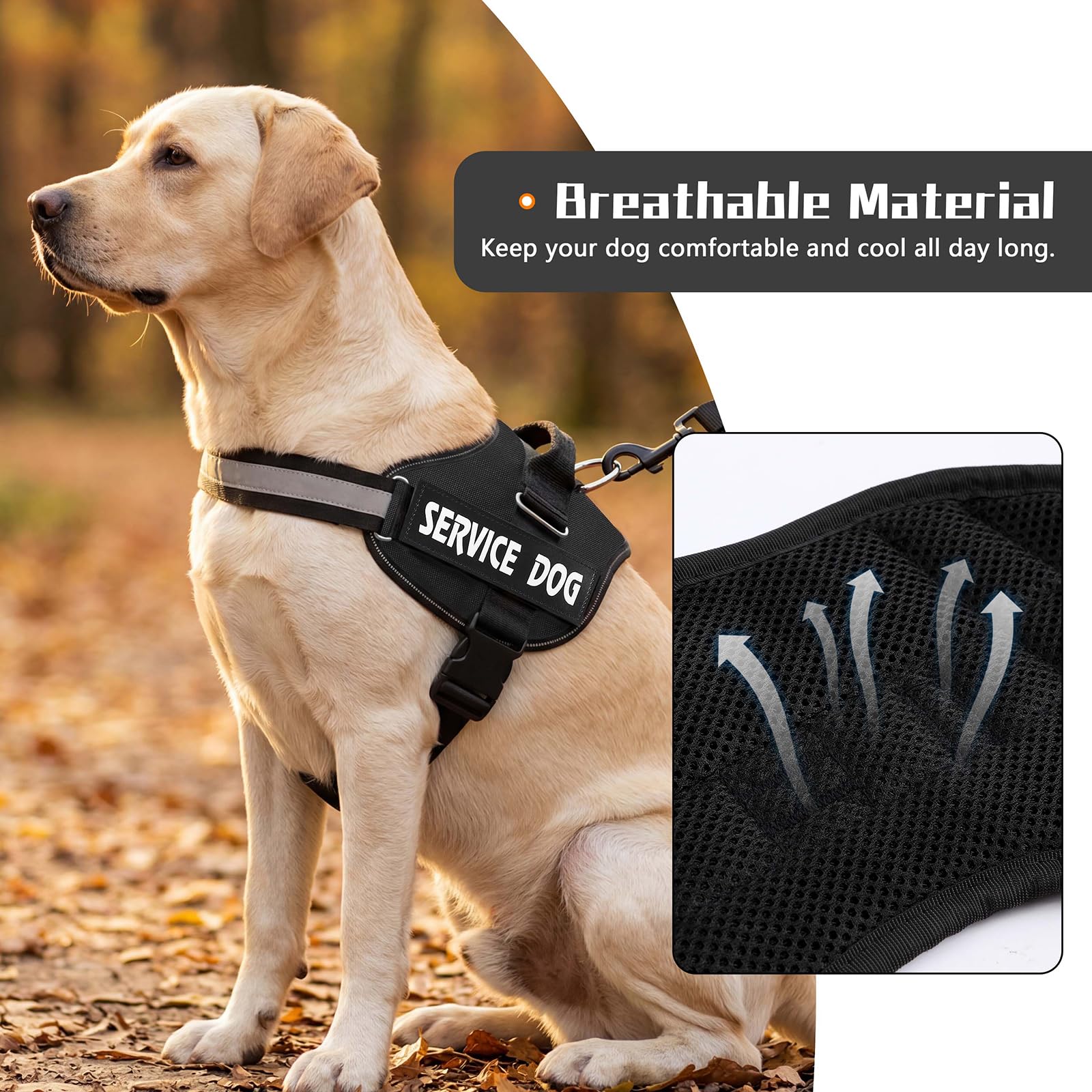 MUMUPET Arnés para perro de servicio, sin tirones, fácil de poner y quitar, reflectante 3M, transpirable y fácil de ajustar con mango de nailon, no más tirones ni asfixia para perros pequeños