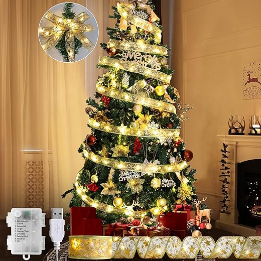 Christmas Tree Decorations, 32Ft 100 LEDs Christmas Tree Ribbon Lights with 8 Lighting Modes, Battery Operated & USB Powered Indoor Gold Fairy String Lights for Xmas New Year Tree Decor