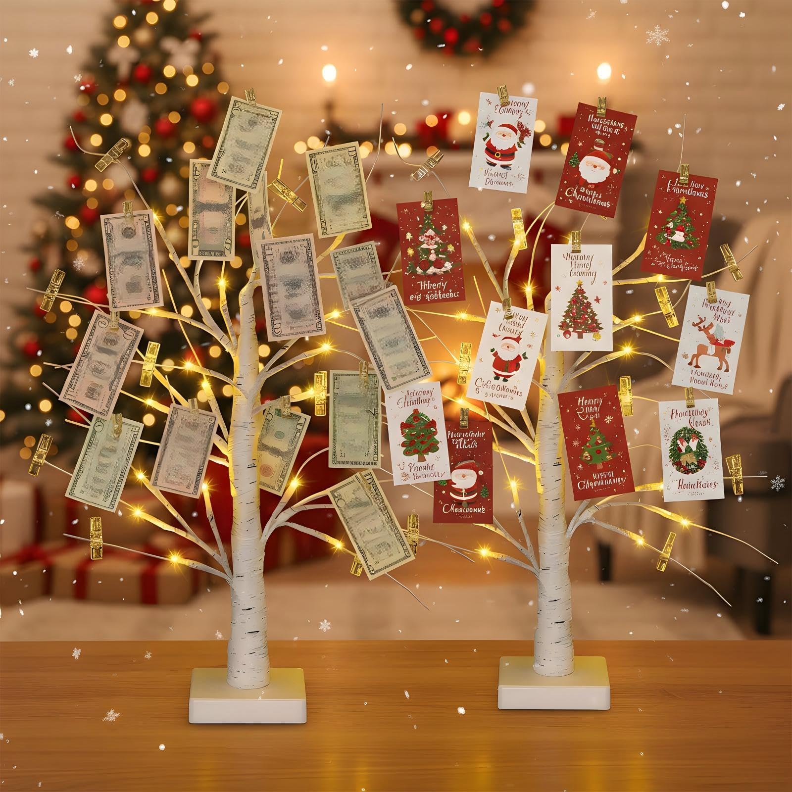 Retisee 2 Pieces Money Tree Gift Card Holder with 12 Clips & 24 LED Lighted Tips 2 FT White Birch Money Tree for Cash Memo Photo Picture Tabletop Display Christmas Birthday Party Wedding Gifts