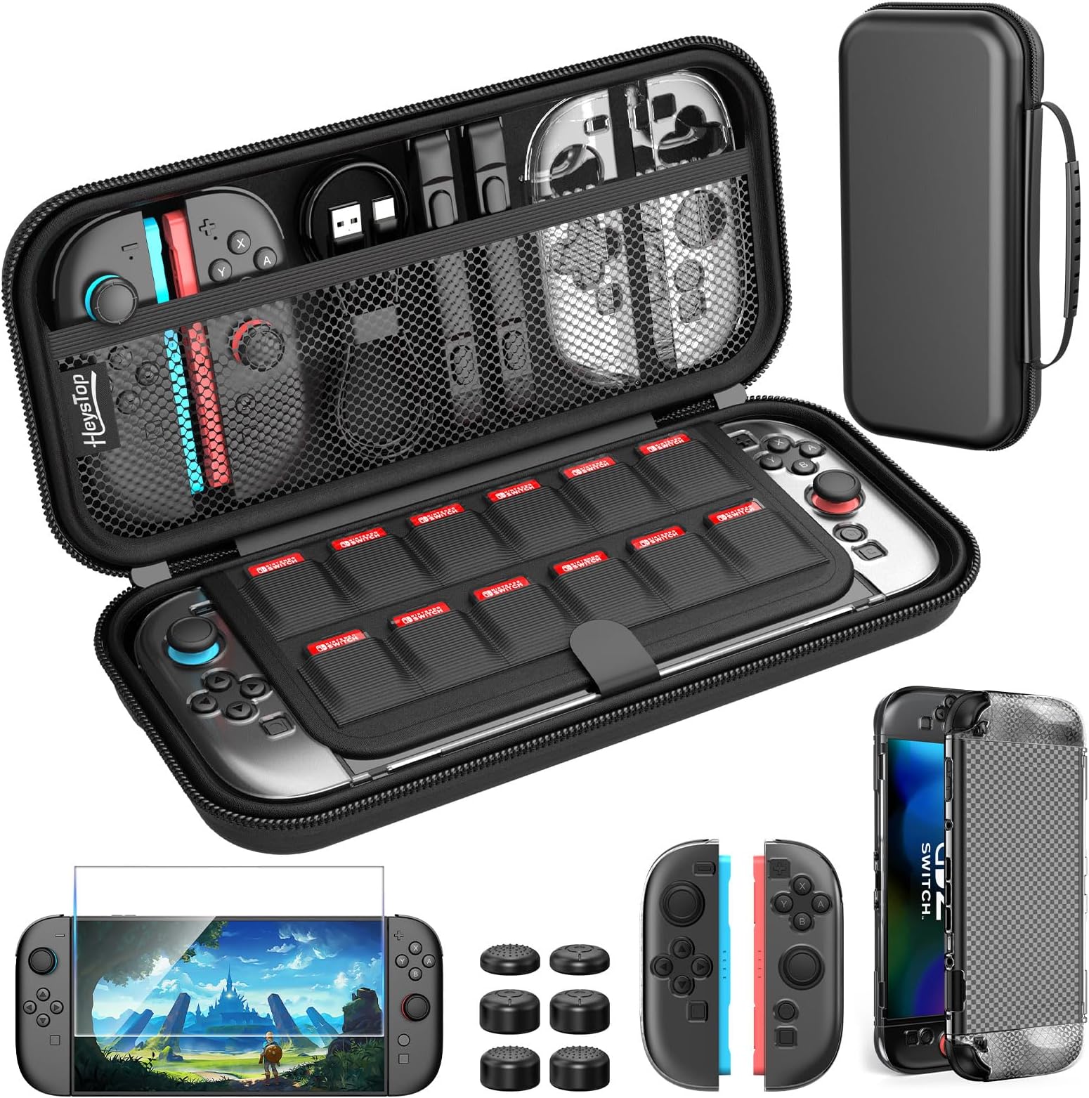 HEYSTOP Case Compatible with Nintendo Switch Carry Case Pouch Switch Cover Case 6 Joycon Grips and PlayStand for Nintendo Switch Screen Protector Thumb Grips Caps for Nintendo Switch Accessories