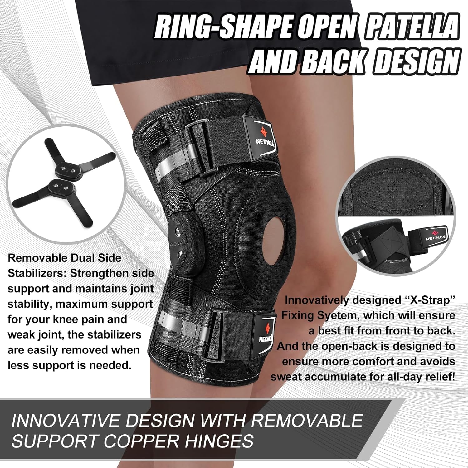NEENCA Rodillera profesional para dolor de rodilla, soporte de rodilla ajustable con bisagras con sistema de fijación patentado X-Strap, fuerte estabilidad para alivio del dolor