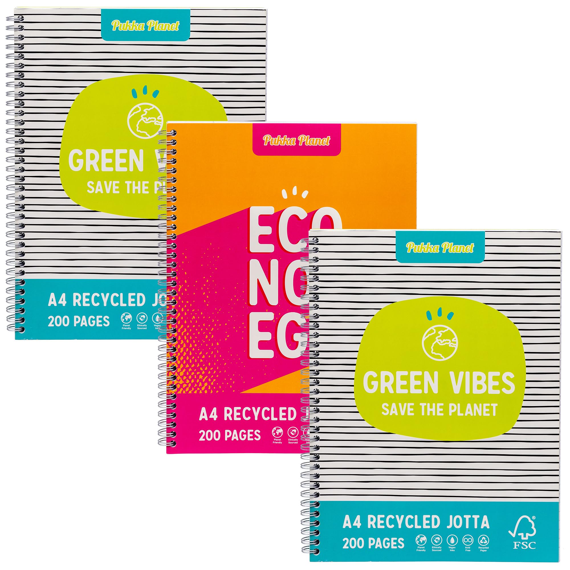 Pukka Planet Jotta - Confezione da 3 quaderni in 2 motivi assortiti con 200 pagine, 100 fogli di carta FSC a righe 80 g/m² con margini perforati a 4 fori, rilegatura a spirale argentata, completamente