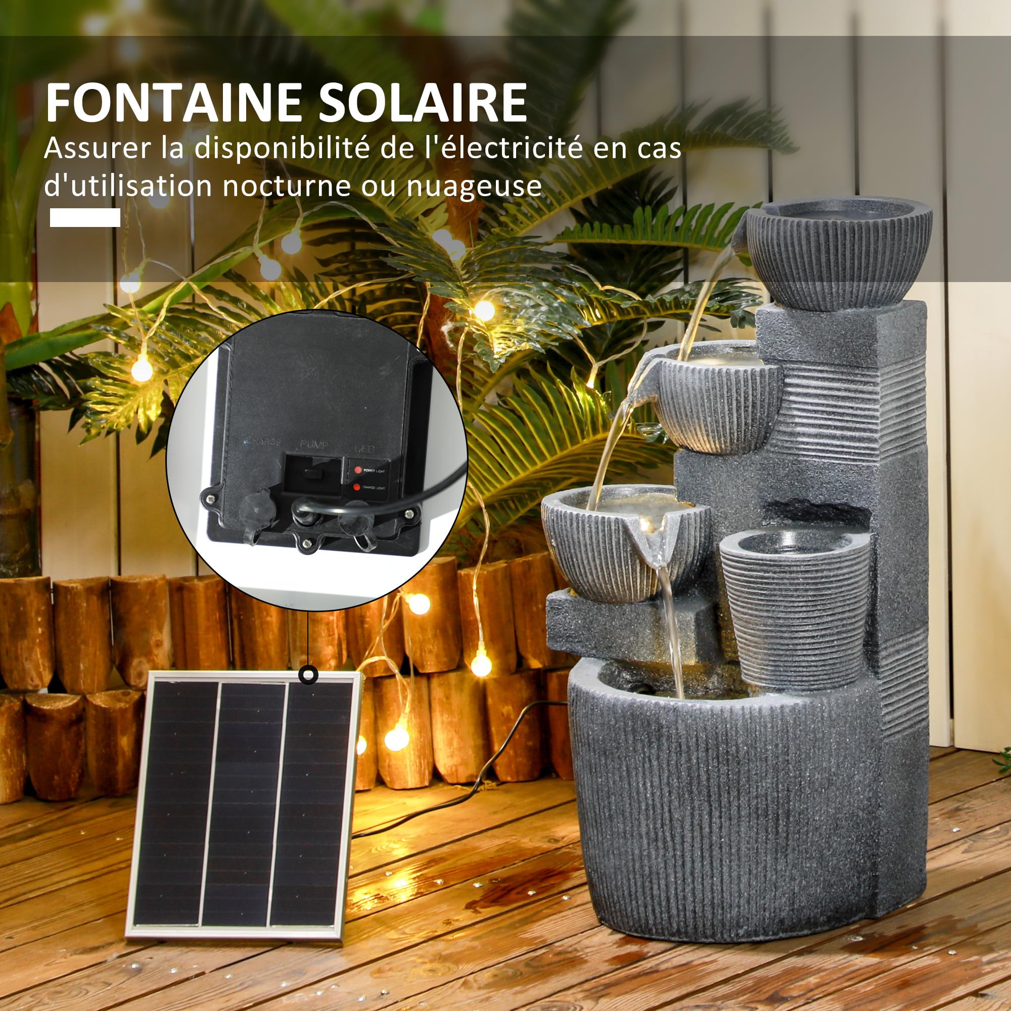 Outsunny Fontaine de Jardin à énergie Solaire Fontaine à Cascade en résine à 4 Niveaux avec lumières LED Pompe et Pot de Fleur dim. 31L x 27l x 57H cm Gris