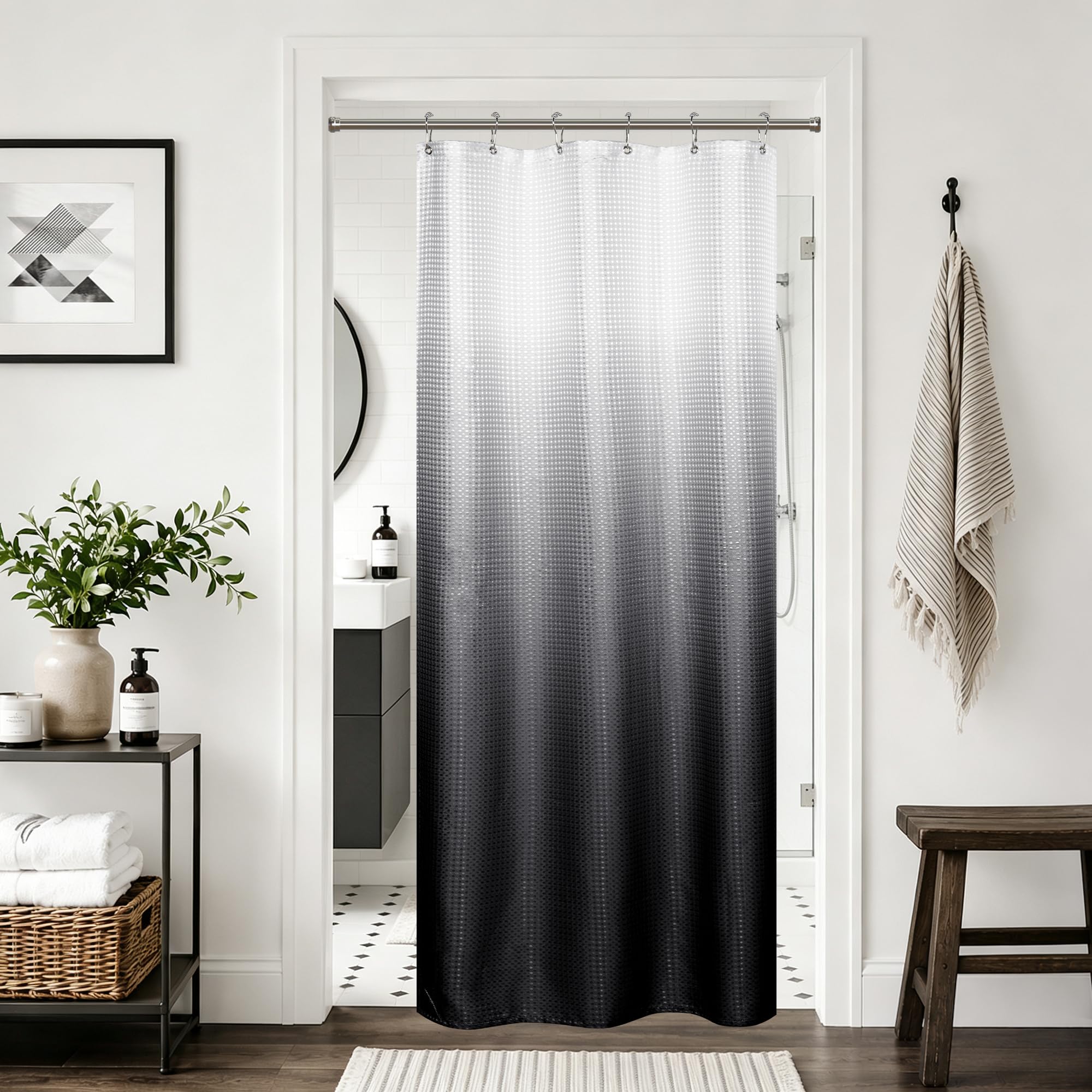 Mrs.Naturall RV Camper Stall Small Shower Curtain Little Size 36wx72h Single Hotel Style Stand Up Shower Curtains,Hooks,Liners for Bath 36 x 72 Inch Ombre Tie Dip Dyed White and Black — image 1