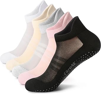 FITRELL Pilates Socks for Women, Ankle Yoga Non Slip Grip Socks for Barre Hospital Gym 5 Pairs