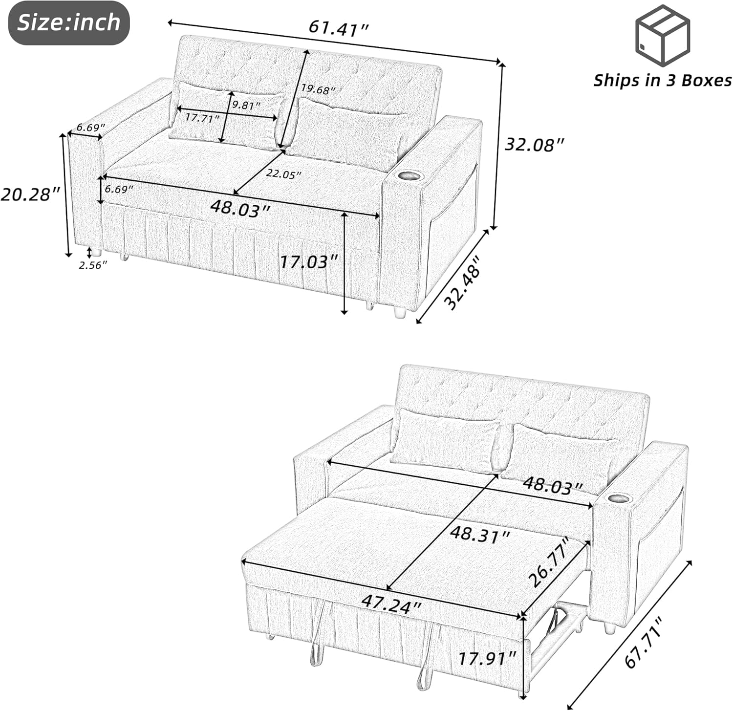 HABITRIO 61.4" Pull-Out Sofa Bed, Convertible Couch Loveseat Sofa Modern Sleeper Sofa with Adjustable Backrest for Living Room, Grey