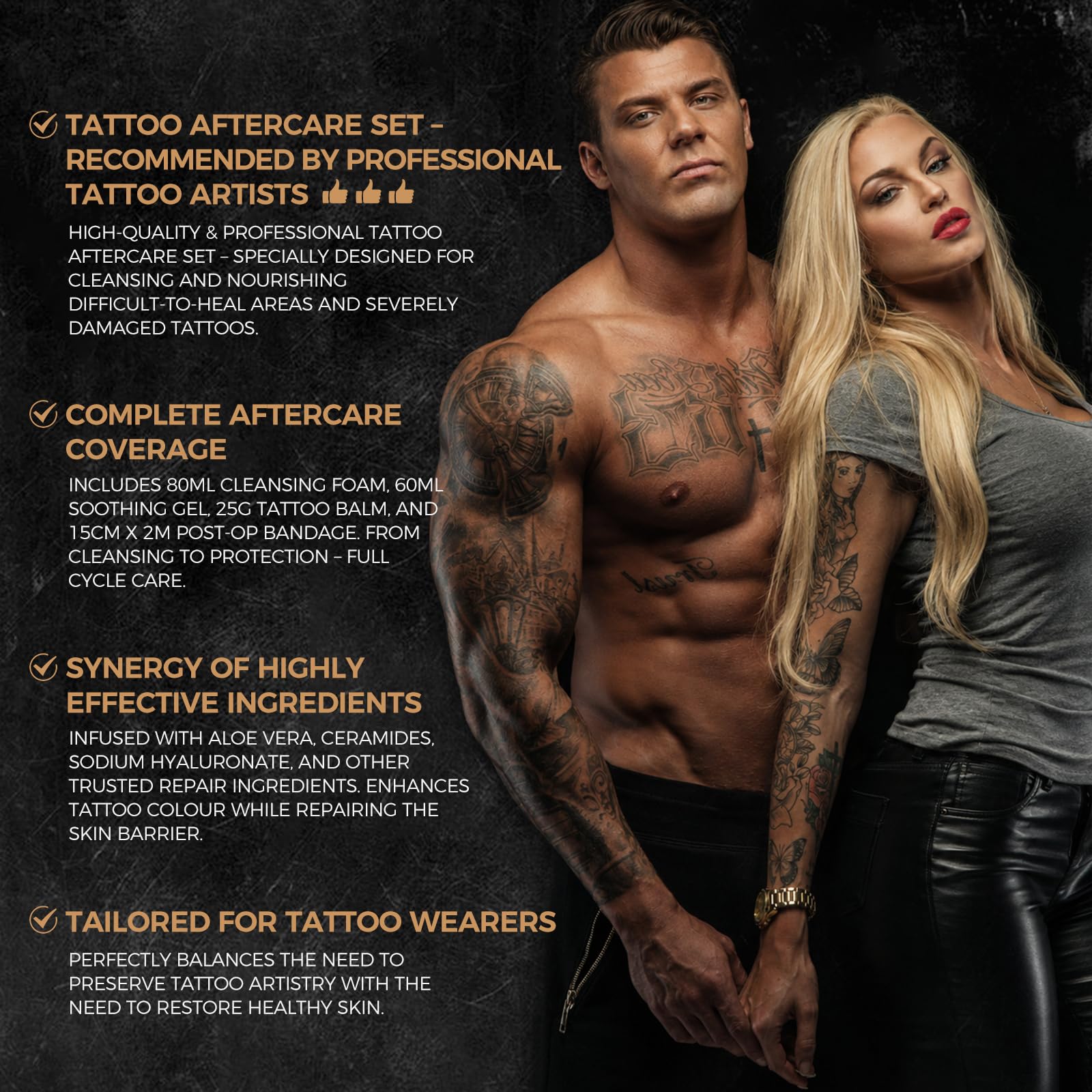 4 in 1 Kit di cura tatuaggio professionale tatuaggio aftercare | Morbido e lenitivo, crema riparatrice, gel lenitivo, schiuma detergente e fascia di protezione, per tatuaggio fresco e antico
