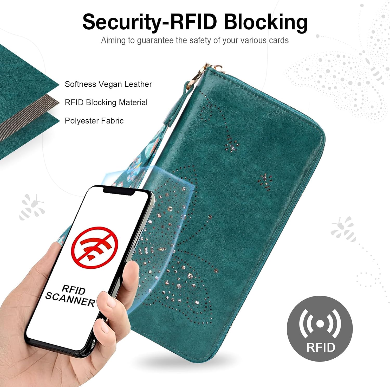 RFID Wallet Women, Large Capacity Butterfly Cell Phone Clutch Purses Ladies Wristlet Wallets for Women - Image 6