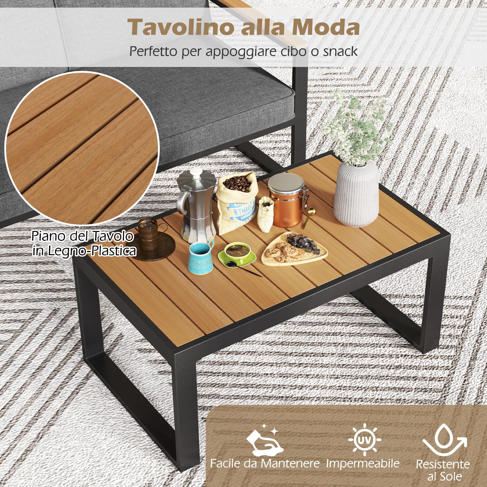 COSTWAY Set da Giardino in Alluminio a 2 Pezzi, Set Tavolino e Poltrona da Giardino, Set da Conversazione da Esterno, Divano Sezionale Imbottito con Tavolino da Caffè, per Cortile Balcone