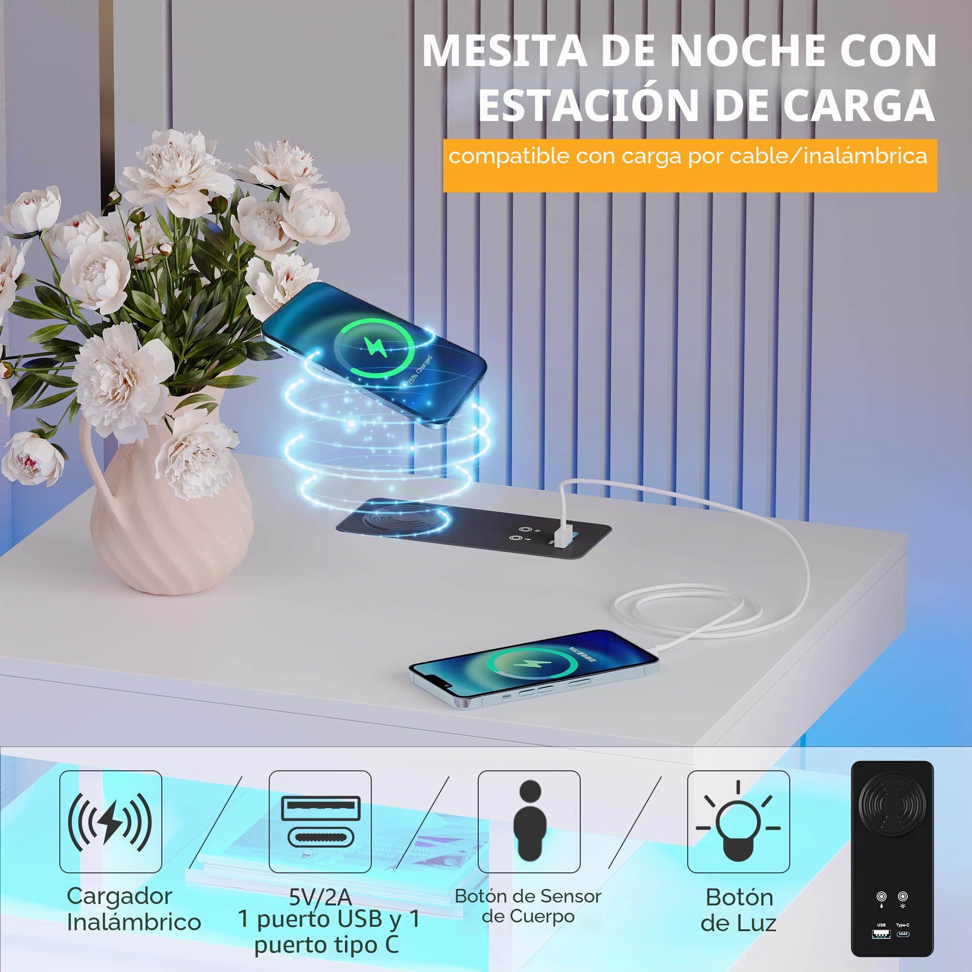 Vlsrka LED Mesita de Noche con Base de Carga, Moderna Mesita de Noche