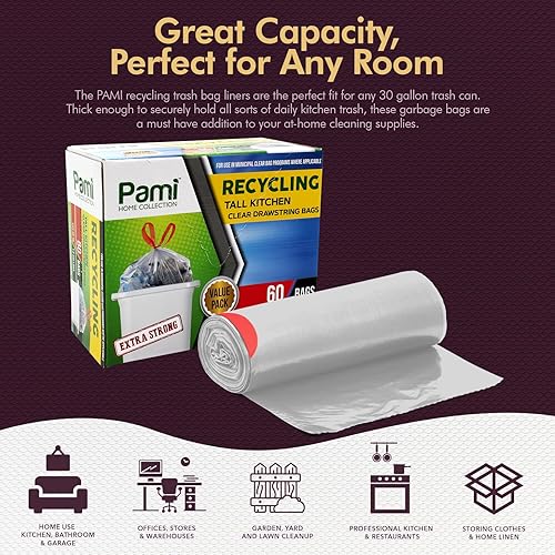 Miniatura 3 de PAMI Bolsas de basura altas de 13 galones con cordón de reciclaje para cocina, bolsas de basura de plástico extra fuertes paquete de 60 unidades