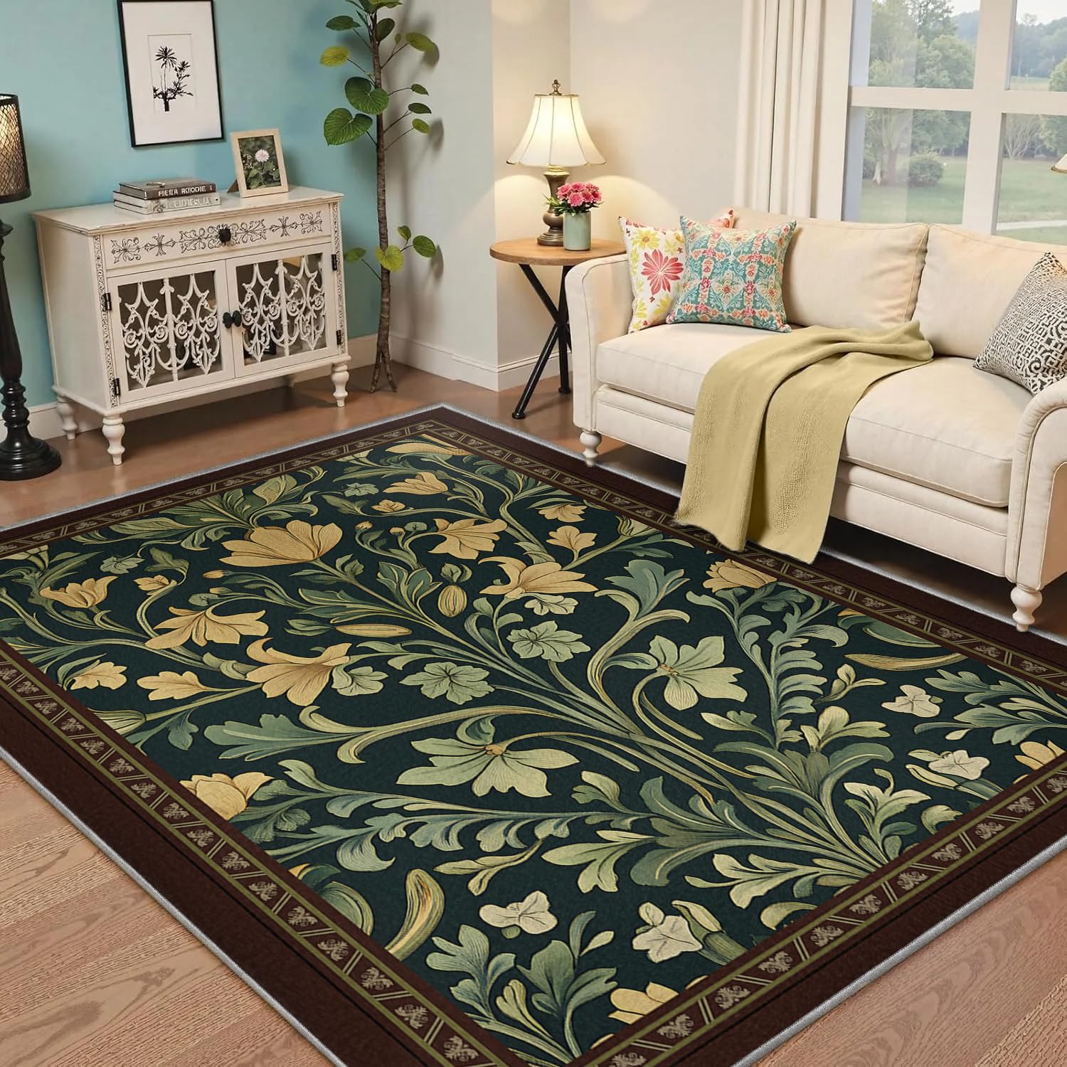 Tapis lavable antidérapant style William Morris vert et rouge