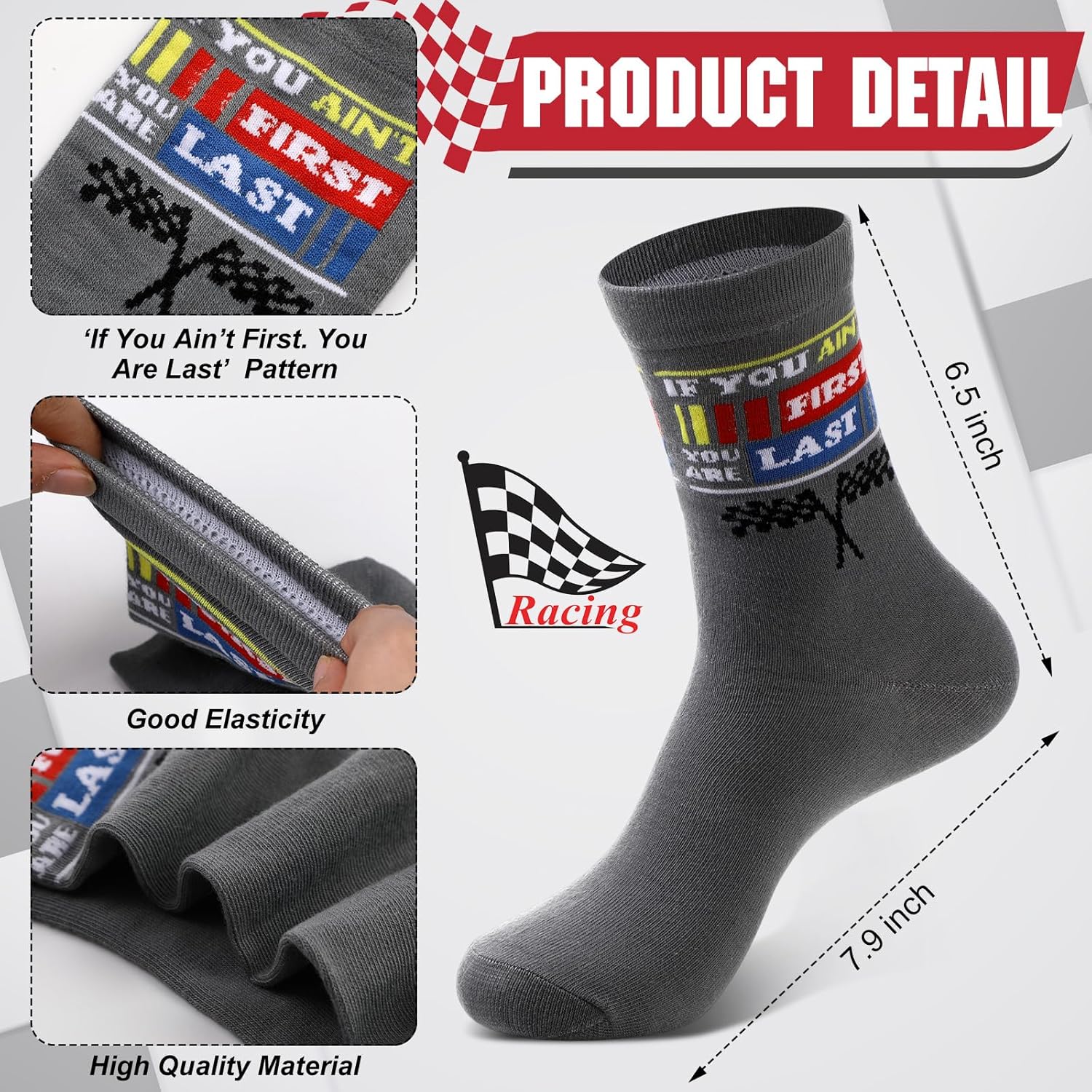 3 Pairs If You Ain't First You Are Last Racing Socks Motivational Novelty Socks for Racing Fans Checkered Flag Crew Sock for Race Car Party Favors Birthday Motivational Gifts for Men - Image 4