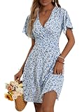 Womens Sundress Summer Floral Short Sleeve Wrap V Neck A-Line Midi Dress