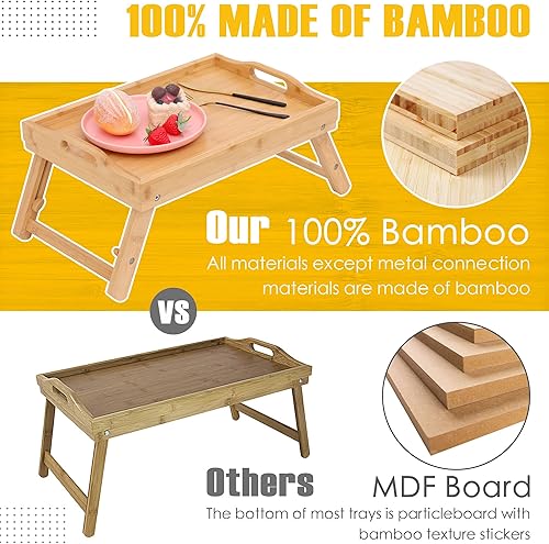 Miniatura 2 de Paquete de 2 bandejas de bambú para cama, bandeja de desayuno con patas ajustables plegables, bandeja de alimentos con asas, bambú entero
