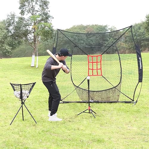 Miniatura 7 de Red de práctica de béisbol y softbol de 7 x 7 pies, portátil, para bateo, lanzamiento, bateo, red de entrenamiento de béisbol con camiseta de bateo,