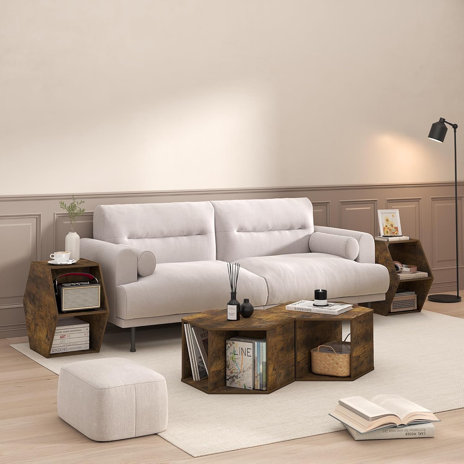 Furinno Simple Design Coffee Table, Hexagon Modern Coffee Table with Open Shelf, Vertical or Horizontal Side Table, for Living Room, Bedroom, Home Office, Amber Pine